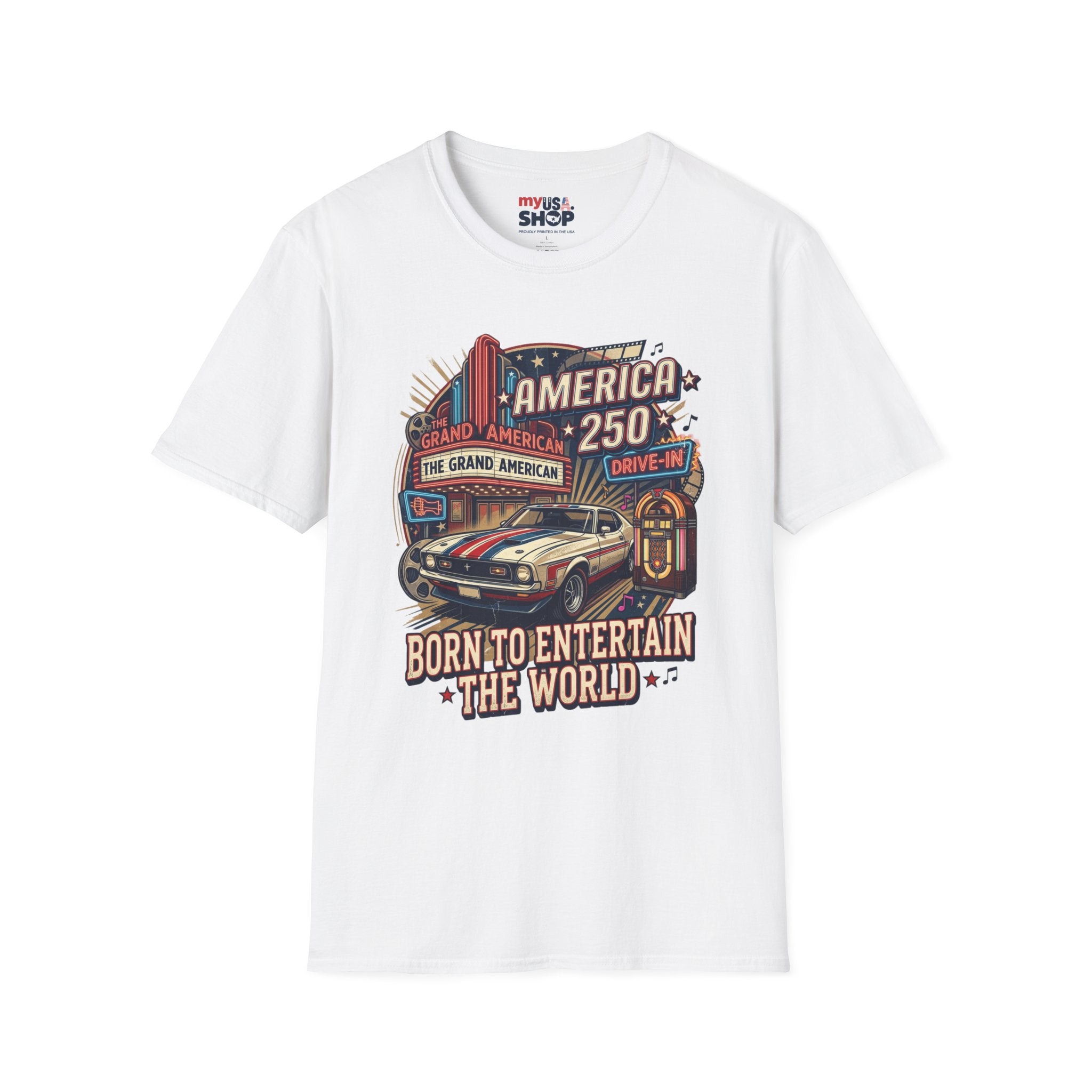 America 250 Vintage Drive-In Car T-Shirt — "Born to Entertain the World" Pop Culture