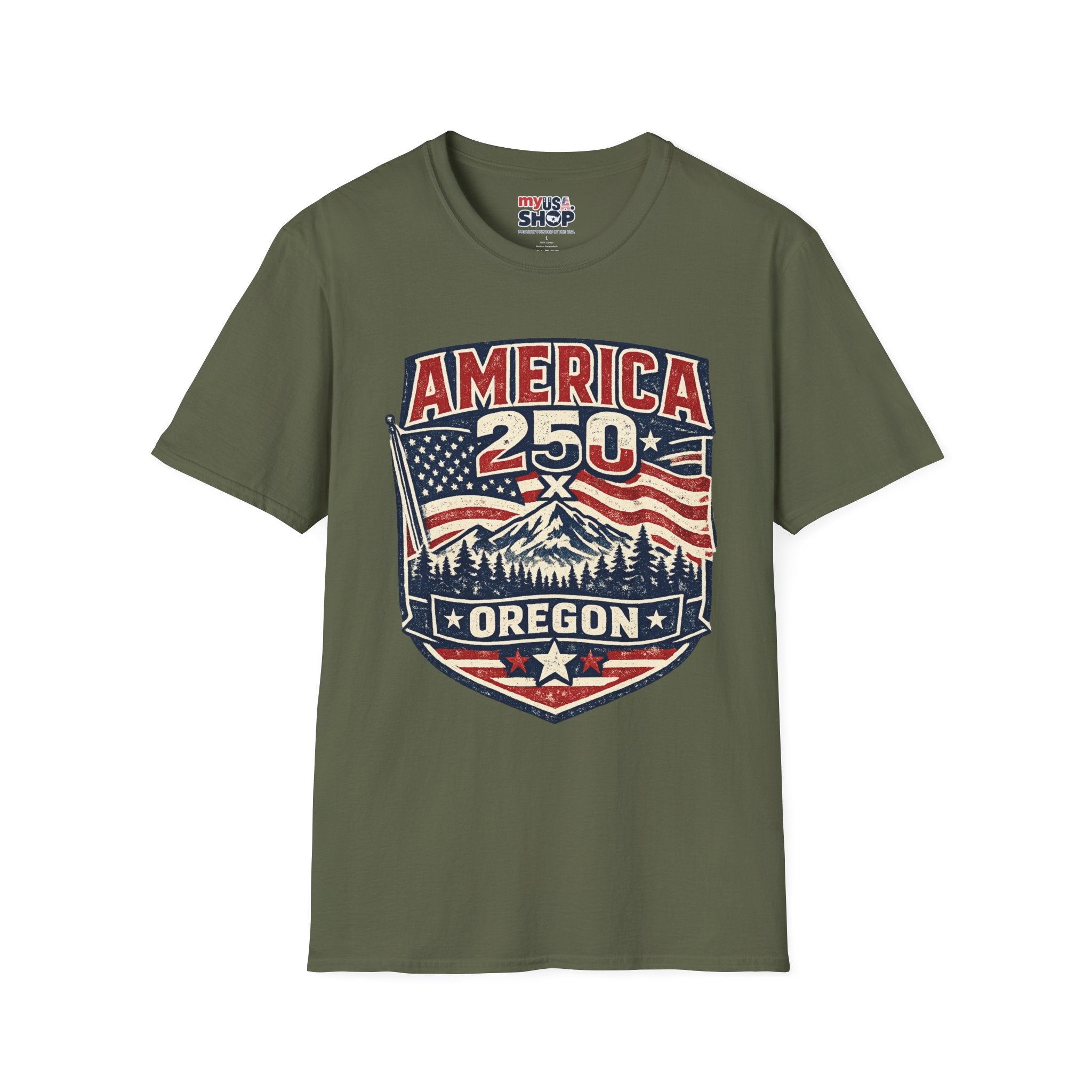 America 250 Oregon Shirt — Patriotic Mountain Flag Badge Tee