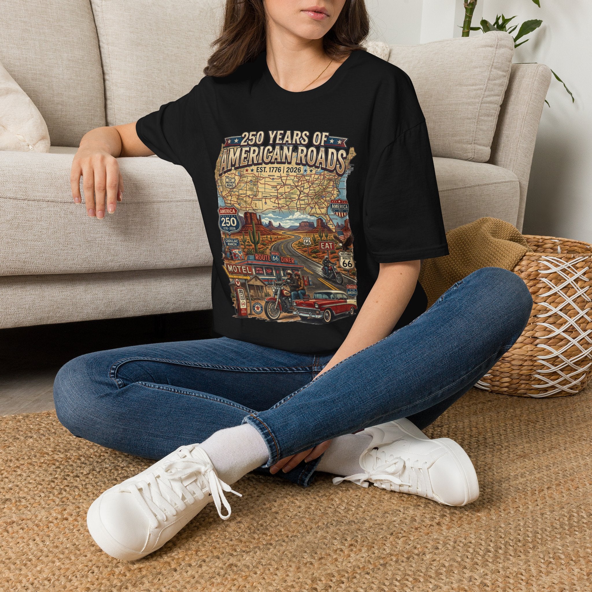 250 Years of American Roads T‑Shirt — Vintage USA Roadmap & Route 66 Travel Tee America 250 Pop Culture