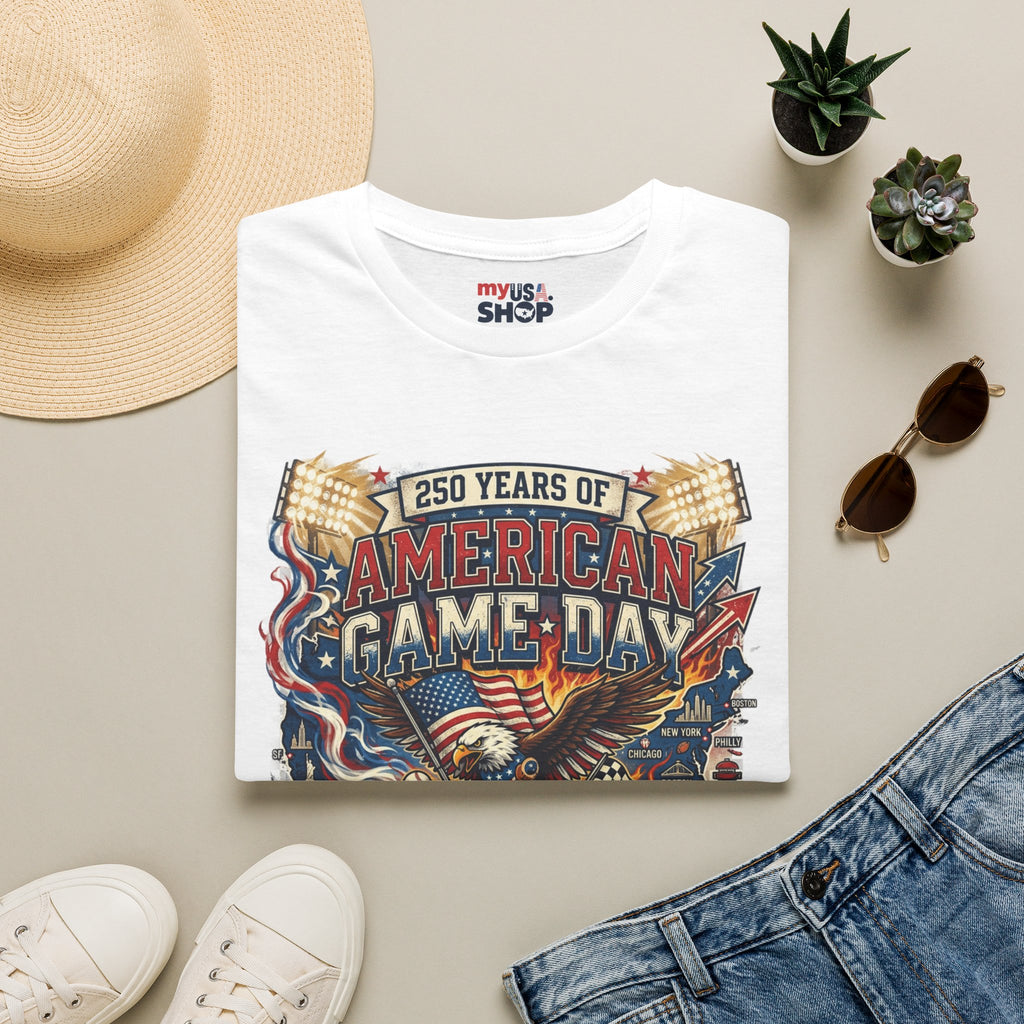 American Game Day T-Shirt — 250 Years USA Football & Baseball Celebration Pop Culture