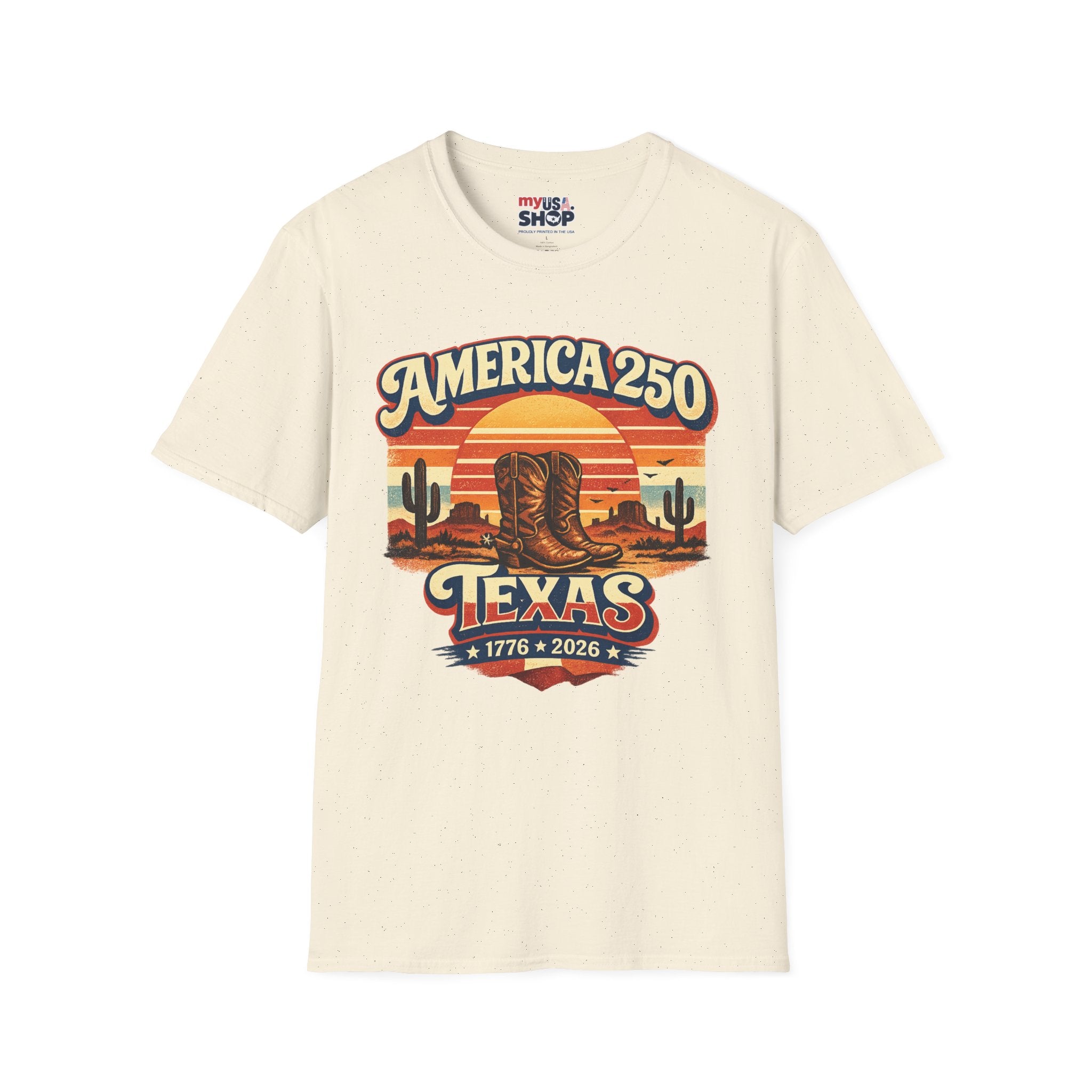 America 250 Texas T-Shirt — 1776–2026 Retro Cowboy Boots Sunset Design