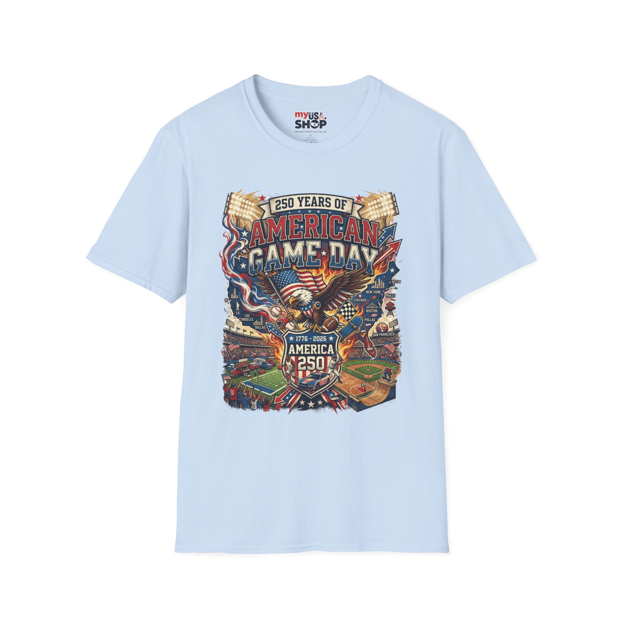 American Game Day T-Shirt — 250 Years USA Football & Baseball Celebration Pop Culture