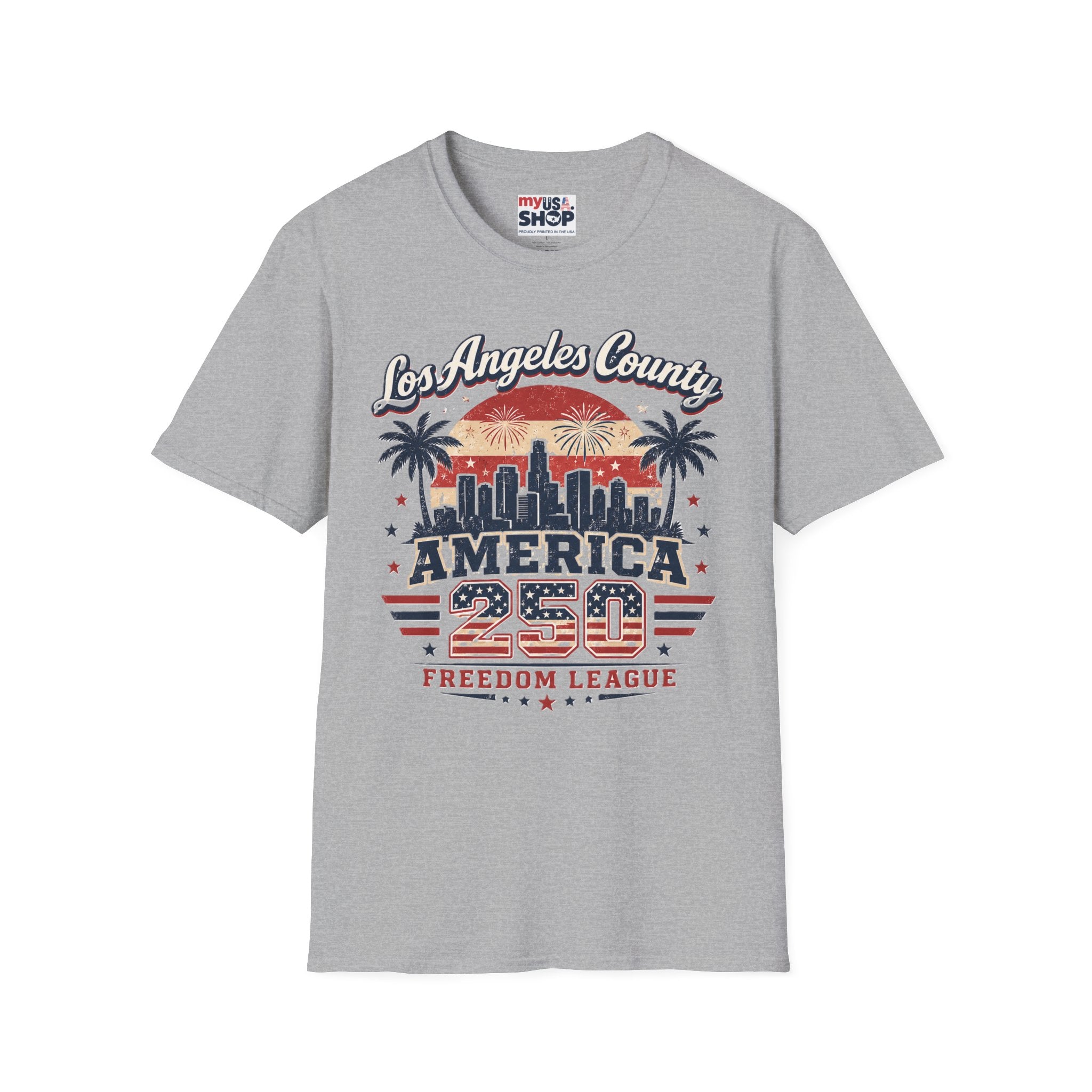 Los Angeles County Skyline T-Shirt — Vintage American 250 Fireworks Design