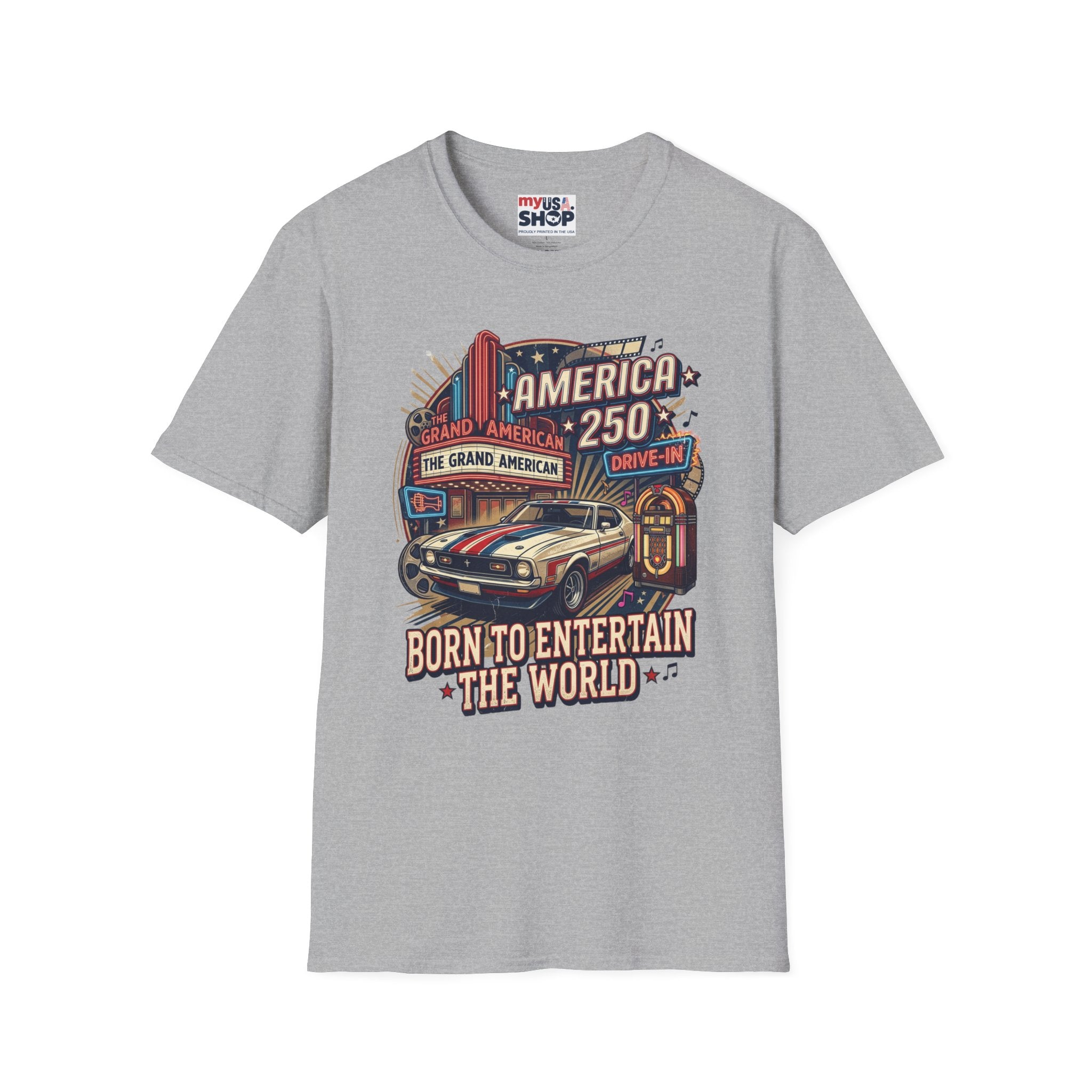 America 250 Vintage Drive-In Car T-Shirt — "Born to Entertain the World" Pop Culture