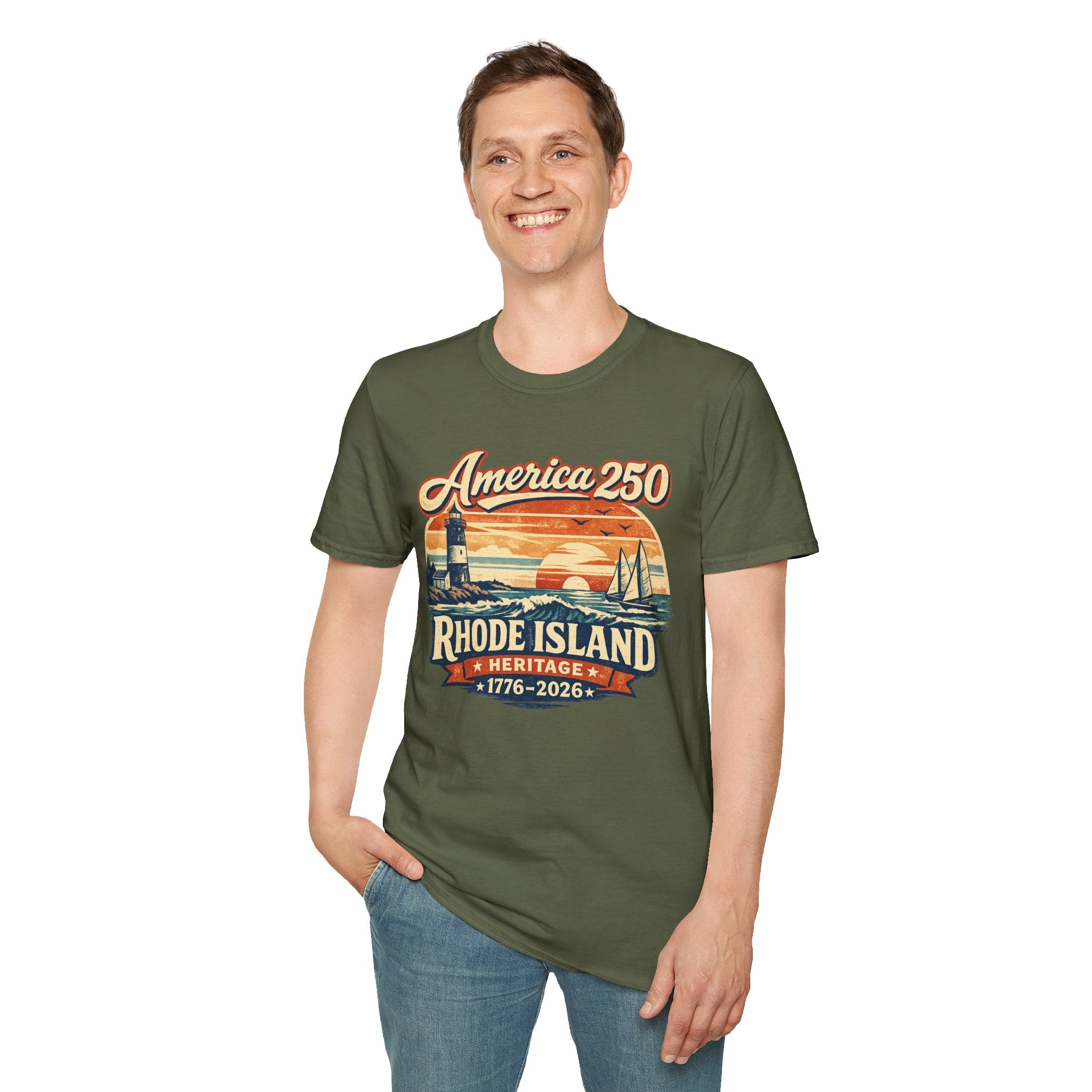 America 250 Rhode Island Heritage Shirt — Coastal Lighthouse Sunset Tee
