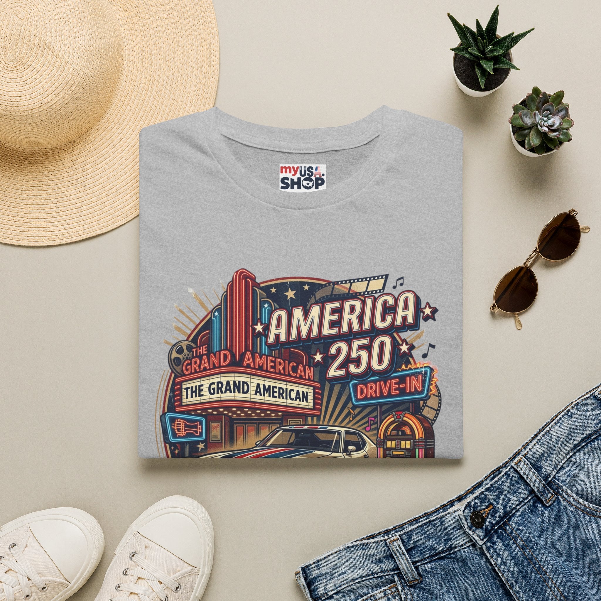 America 250 Vintage Drive-In Car T-Shirt — "Born to Entertain the World" Pop Culture