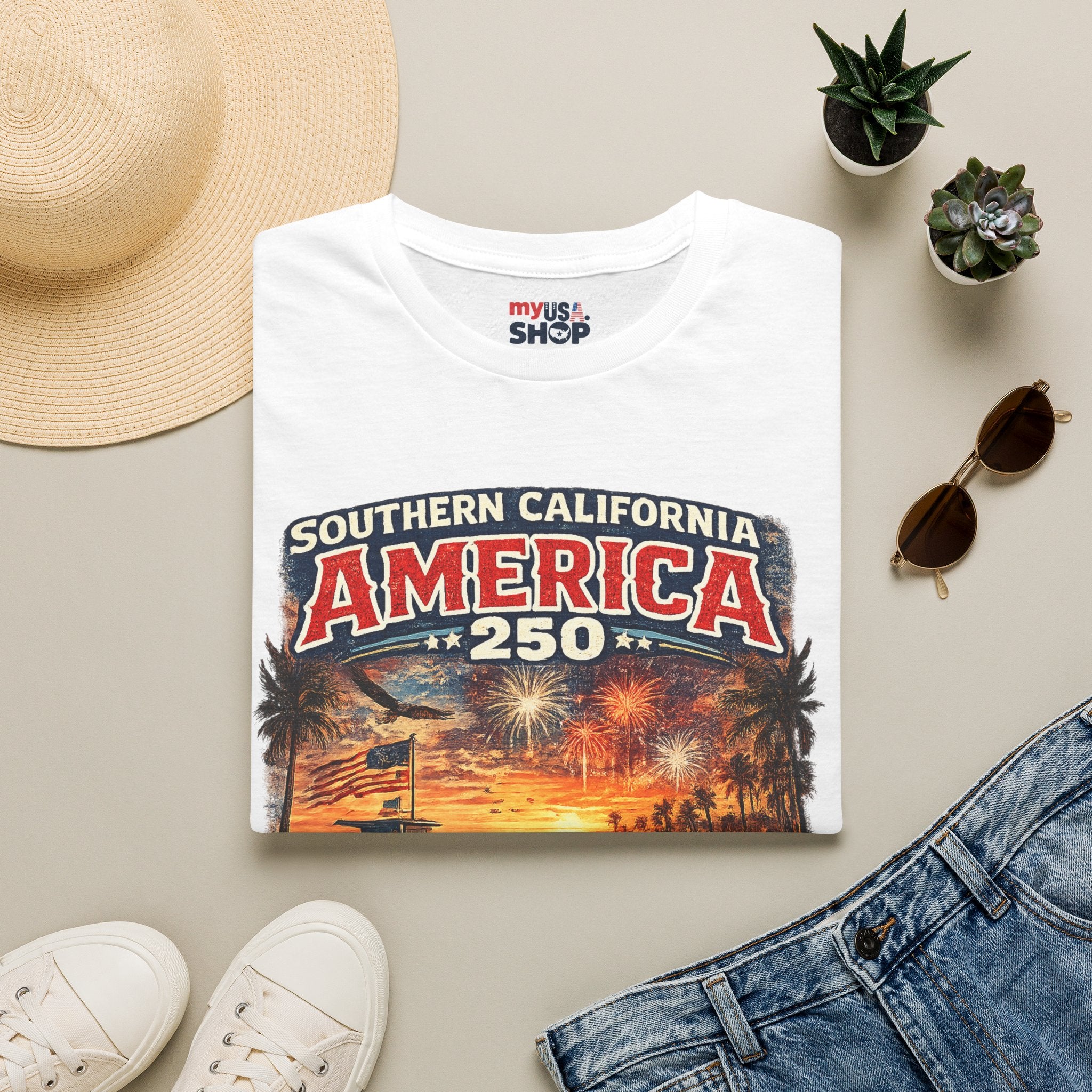America 250 Southern California Sunset T-Shirt — Patriotic 4th of July Beach Vintage Tee