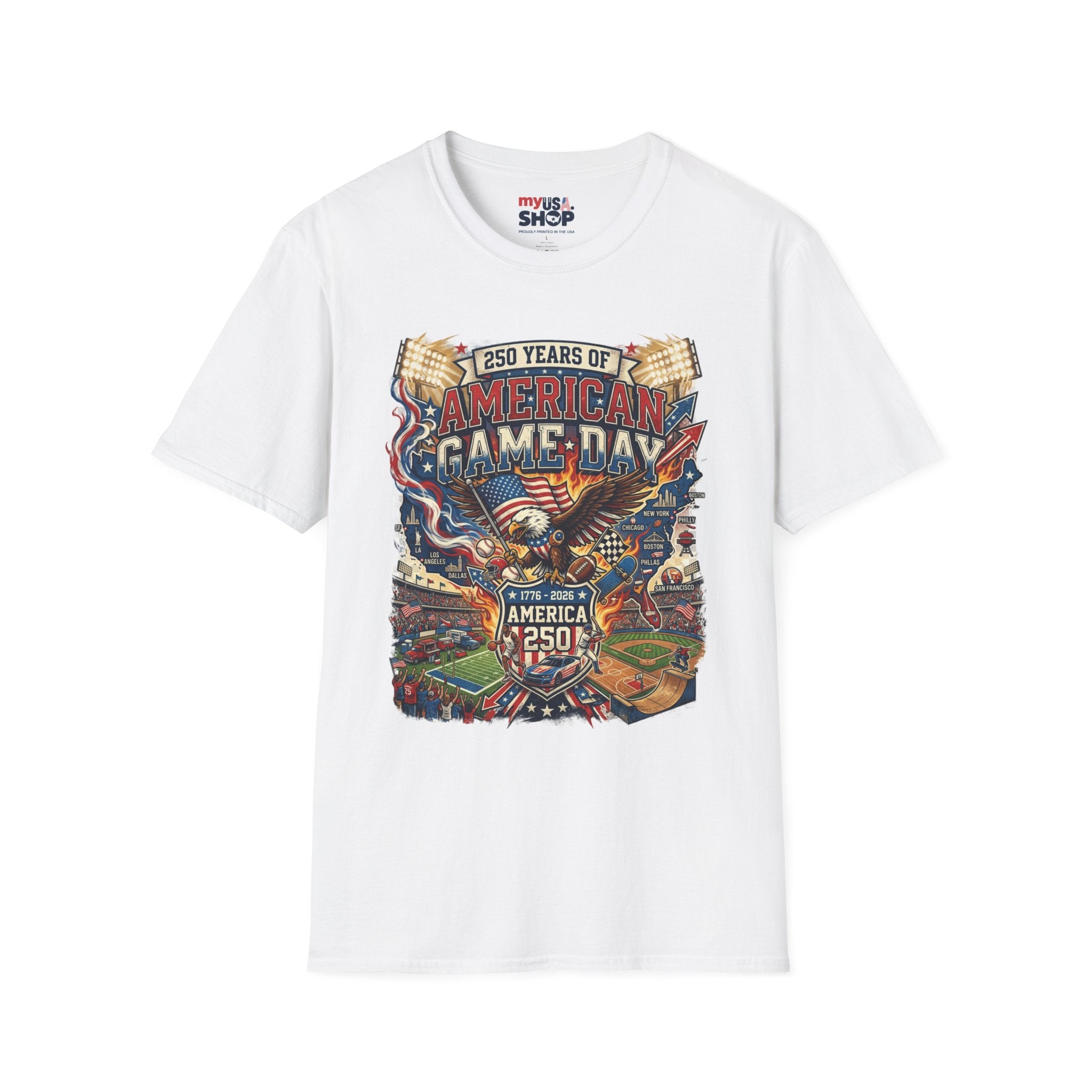 American Game Day T-Shirt — 250 Years USA Football & Baseball Celebration Pop Culture