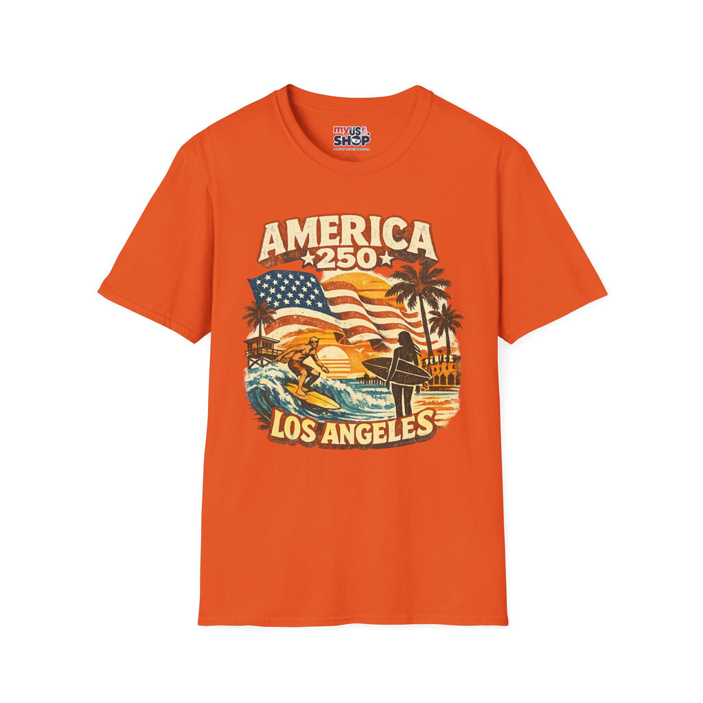 America 250 Los Angeles Surfers Beach Flag Palm Trees Sunset Retro California Tee