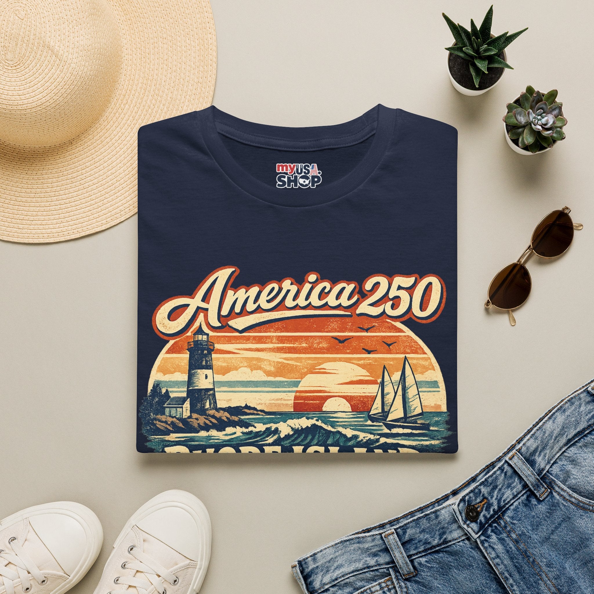 America 250 Rhode Island Heritage Shirt — Coastal Lighthouse Sunset Tee
