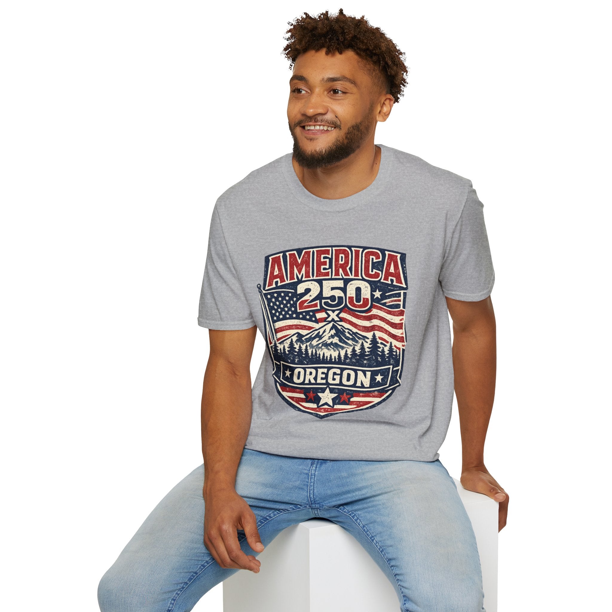America 250 Oregon Shirt — Patriotic Mountain Flag Badge Tee