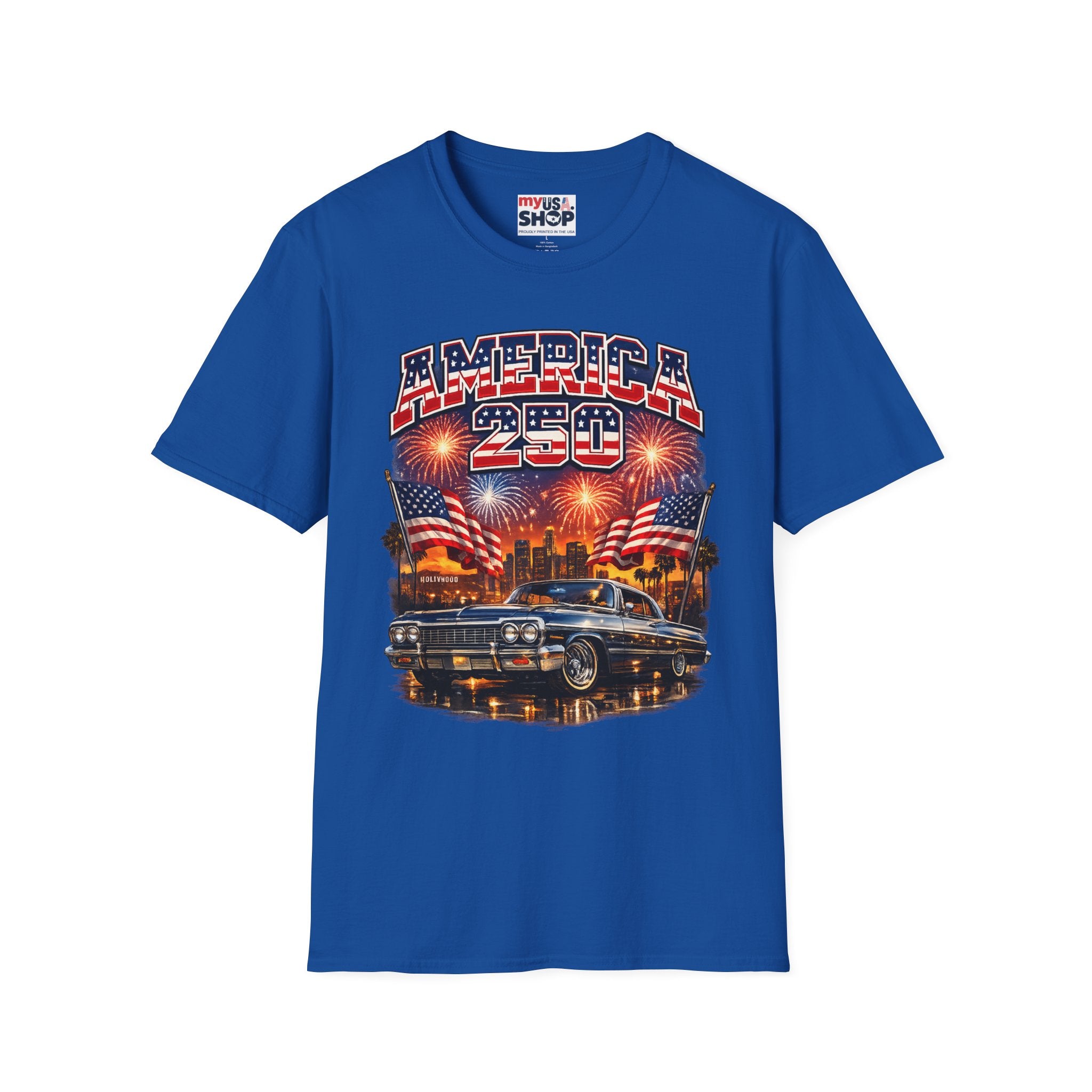 America 250 T-Shirt — Patriotic Fireworks Classic Car Tee for Independence Day