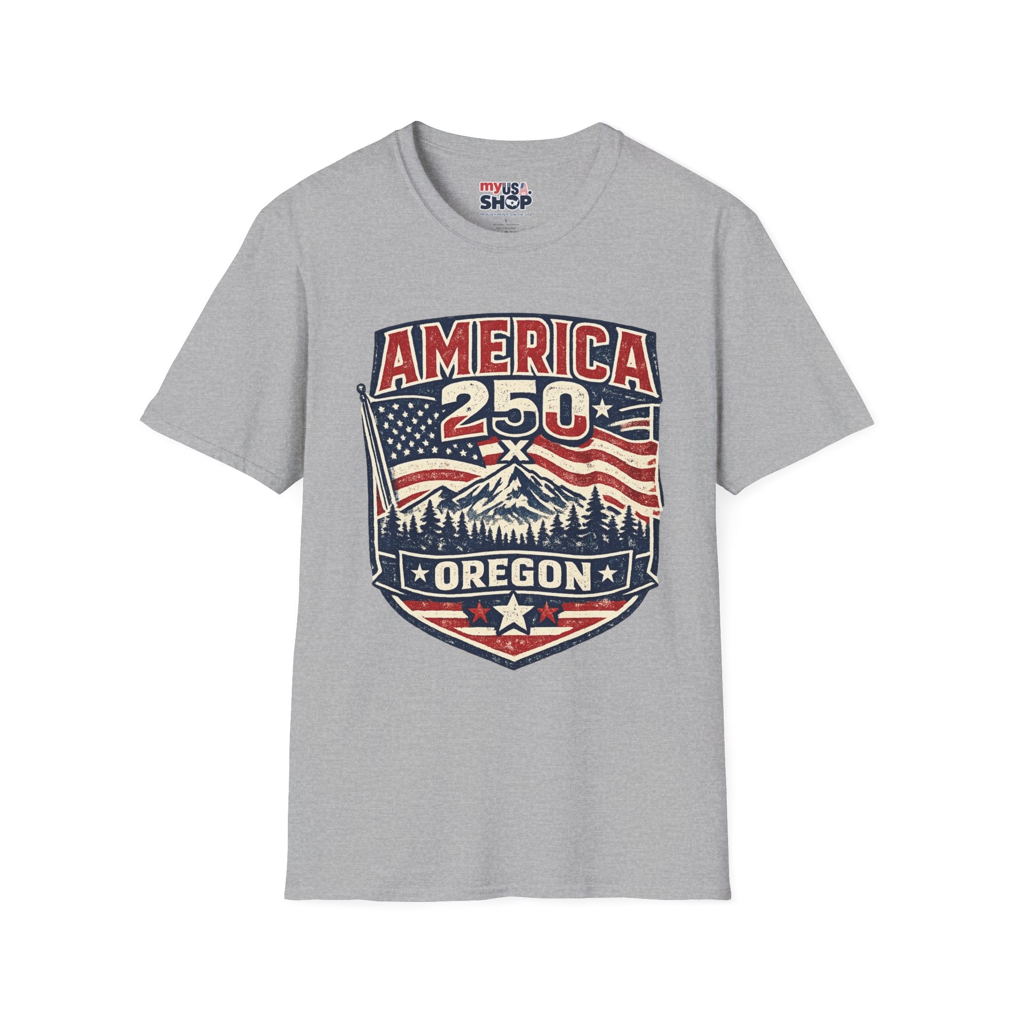 America 250 Oregon Shirt — Patriotic Mountain Flag Badge Tee
