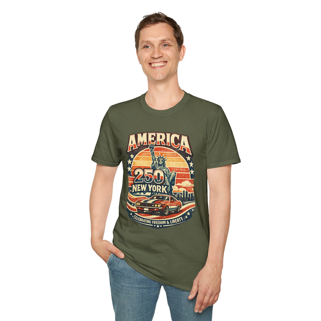 America 250 New York T-Shirt — Retro Statue of Liberty Graphic