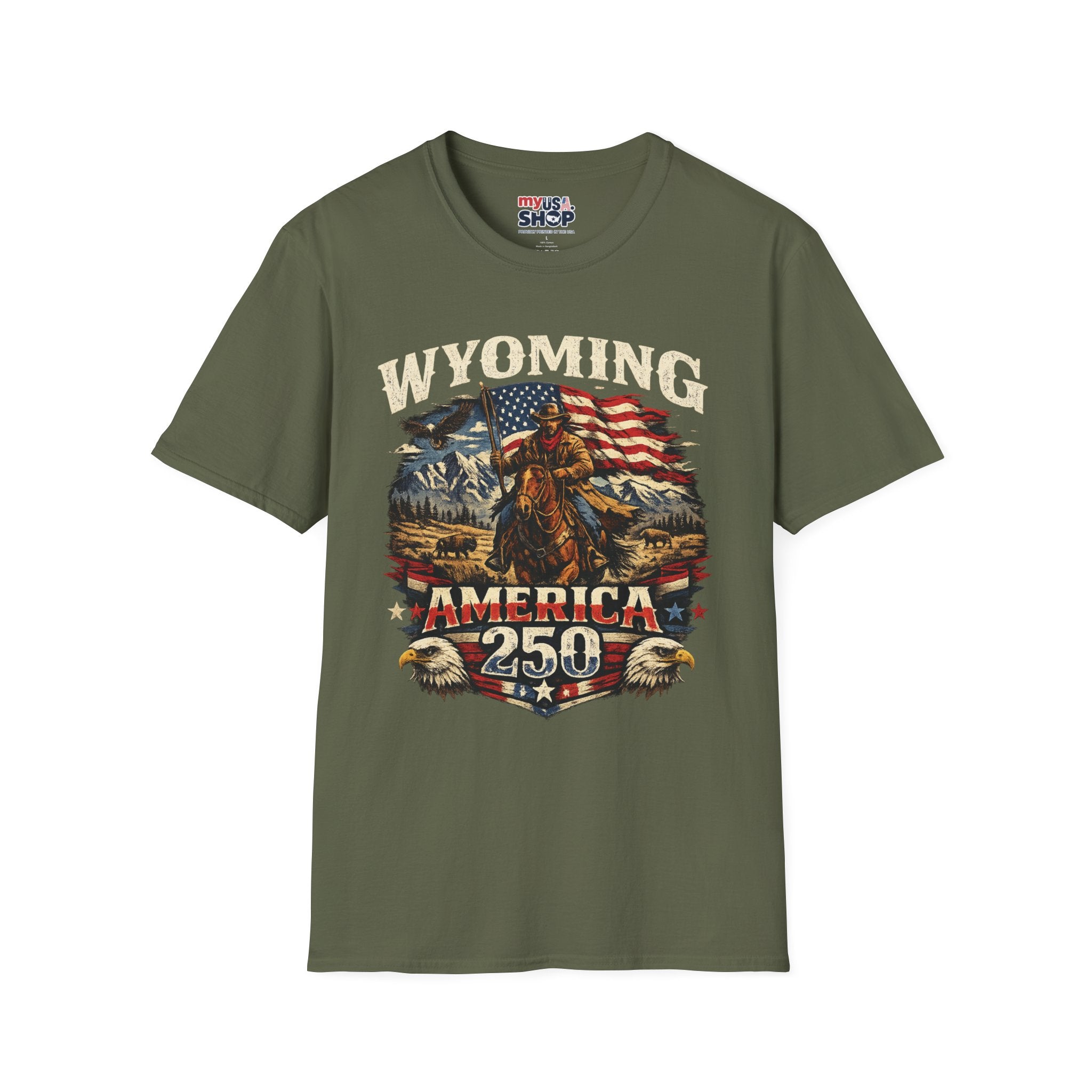 Wyoming Patriot Graphic T-Shirt — America 250 Flag & Cowboy Vintage Design