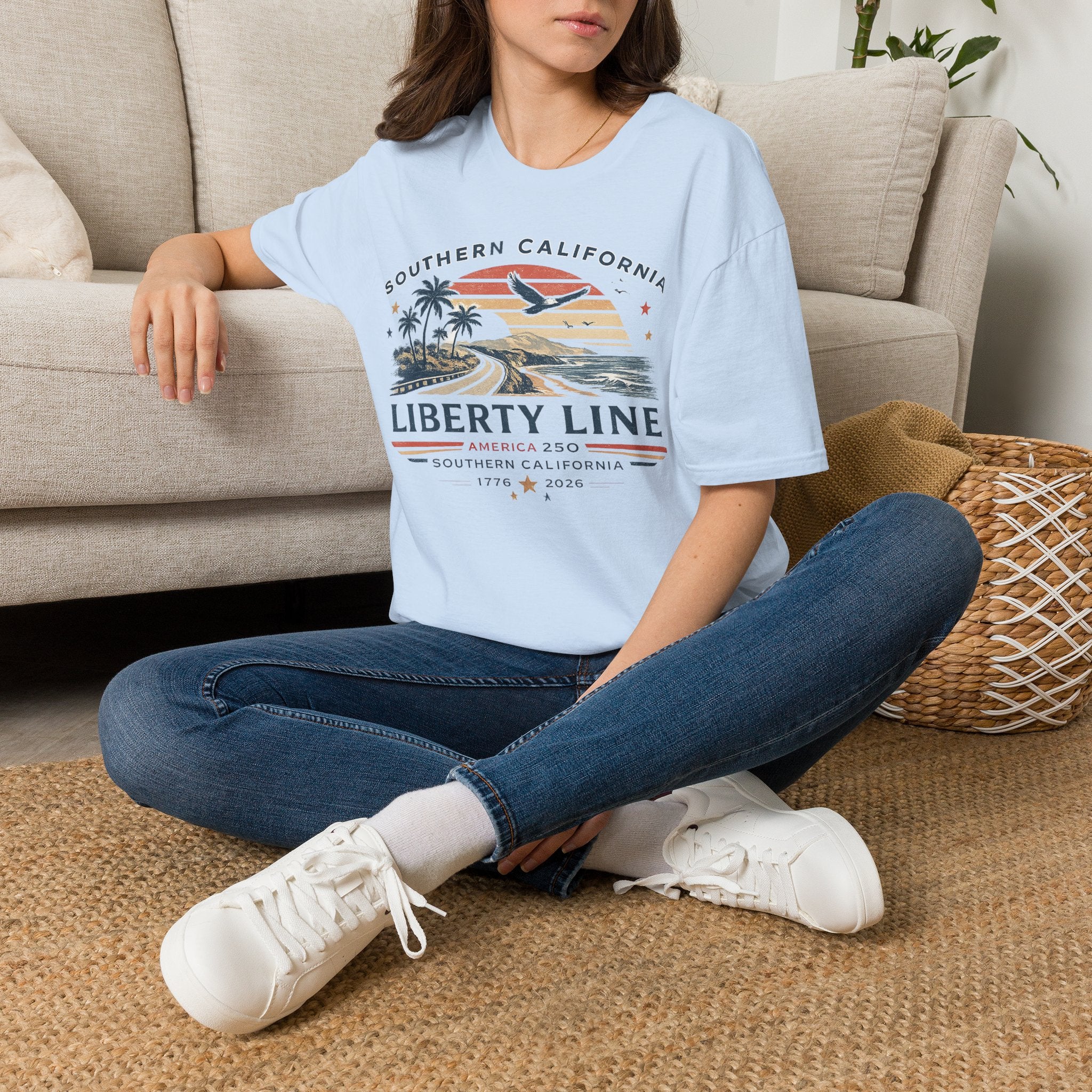 America 250 Southern California Liberty Line T-Shirt — Retro Beach Sunset Graphic