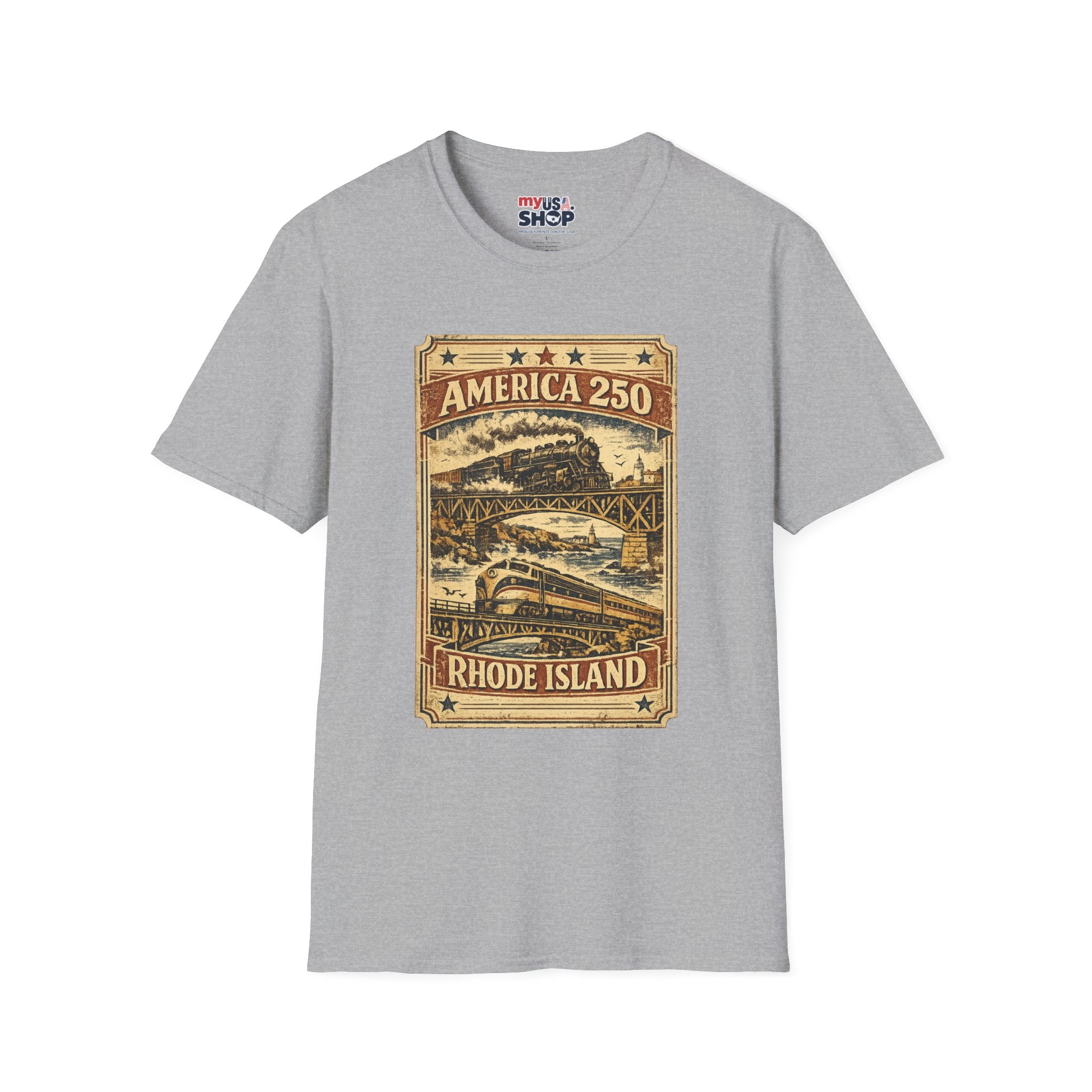 America 250 Rhode Island Train Heritage T-Shirt — Vintage Railroad Graphic Tee