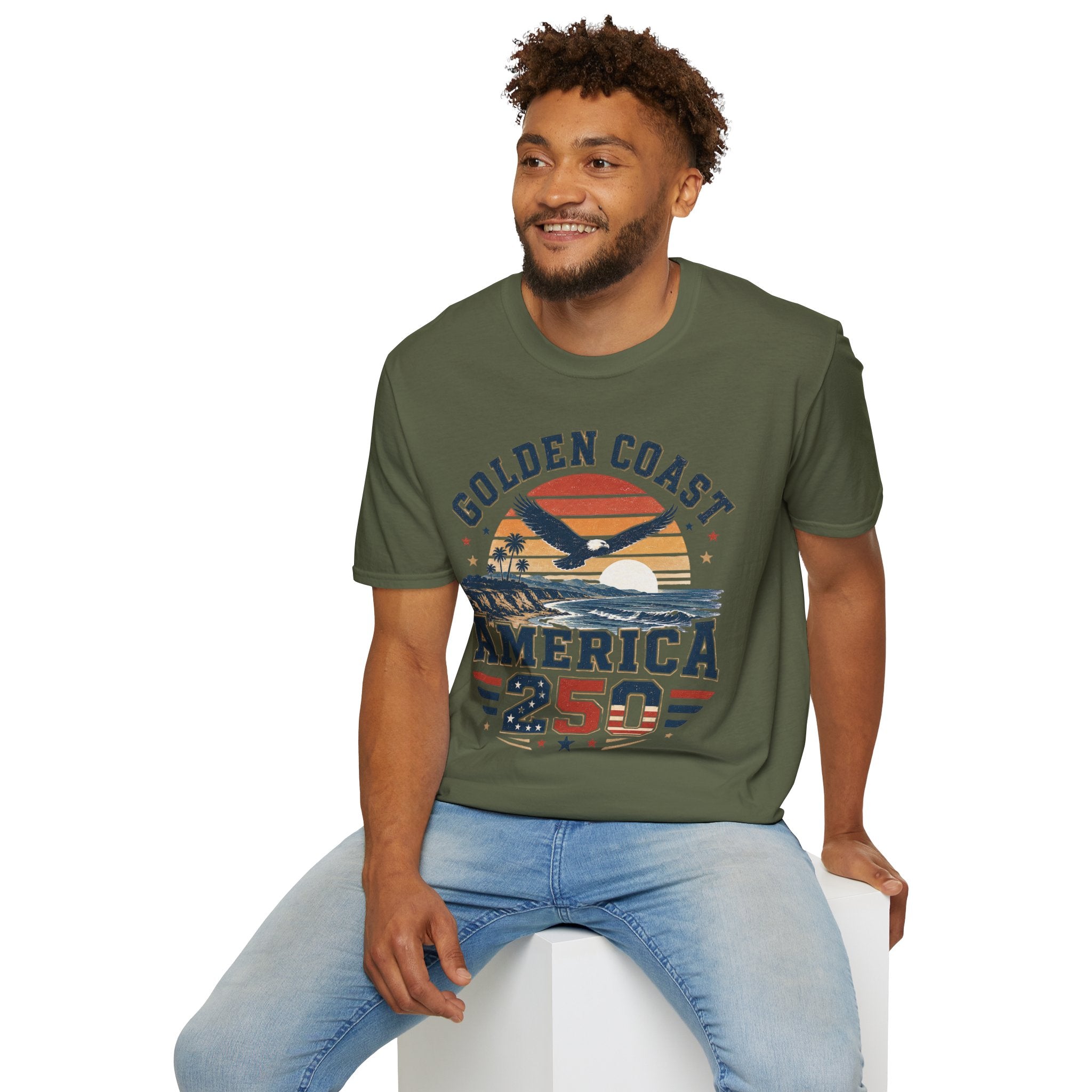 Golden Coast T-Shirt — Retro Sunset Eagle America 250 Beach Tee