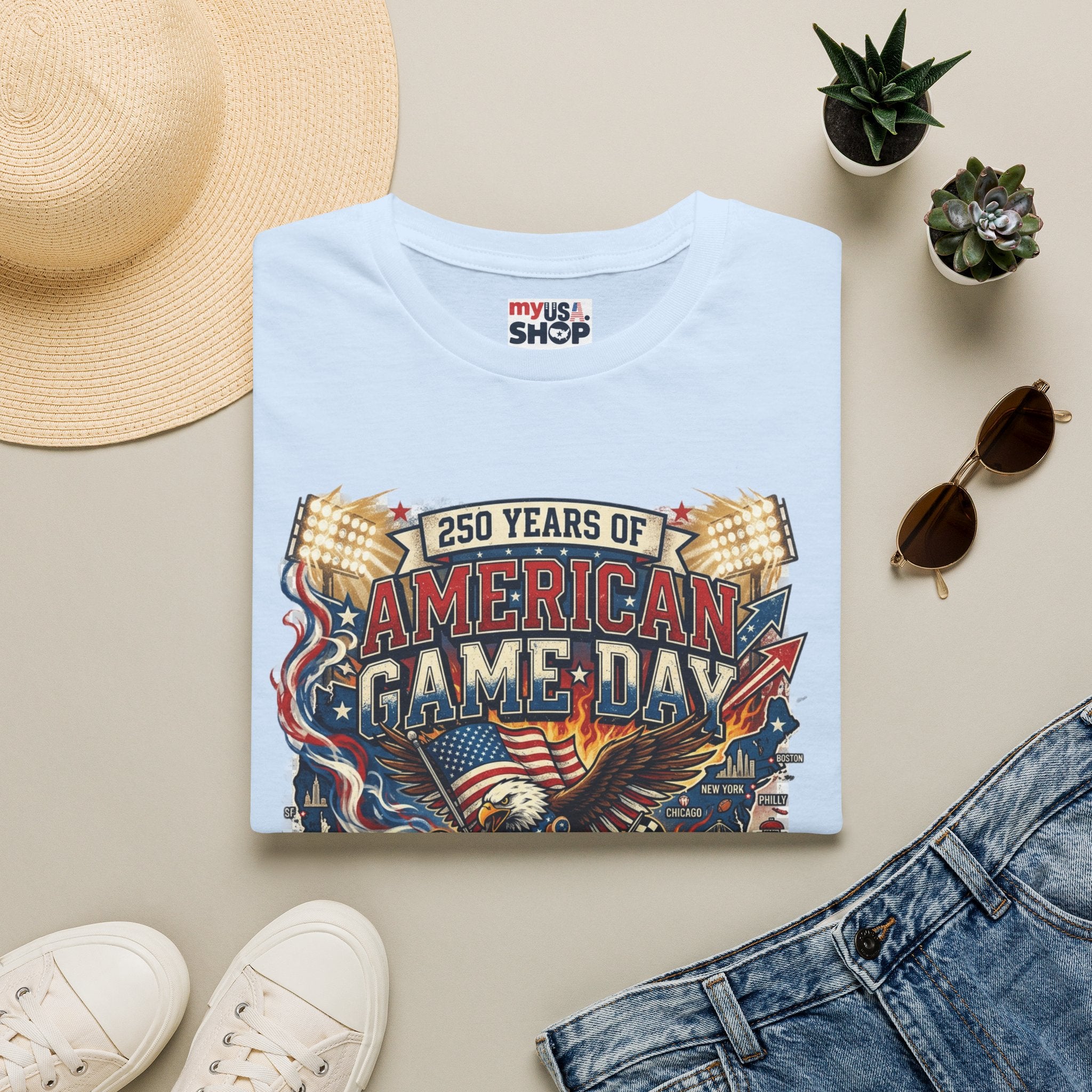 American Game Day T-Shirt — 250 Years USA Football & Baseball Celebration Pop Culture