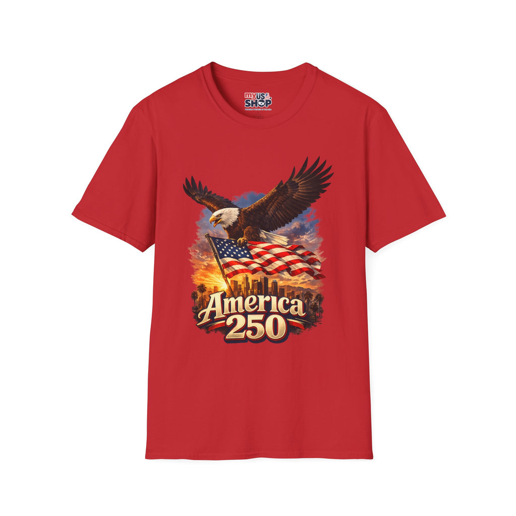 America 250 Los Angeles Eagle Flag Skyline Palms Sunset White California Tee