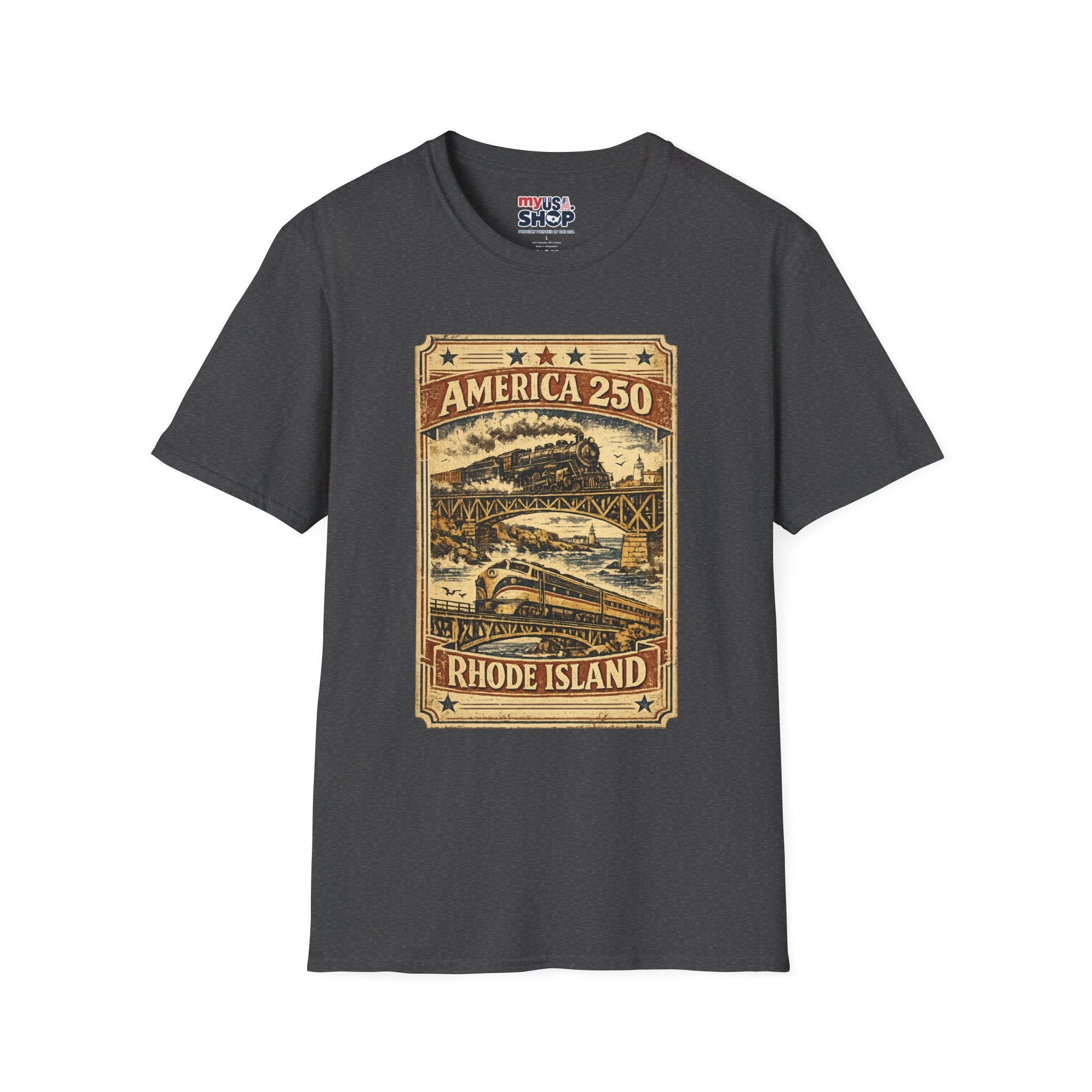 America 250 Rhode Island Train Heritage T-Shirt — Vintage Railroad Graphic Tee