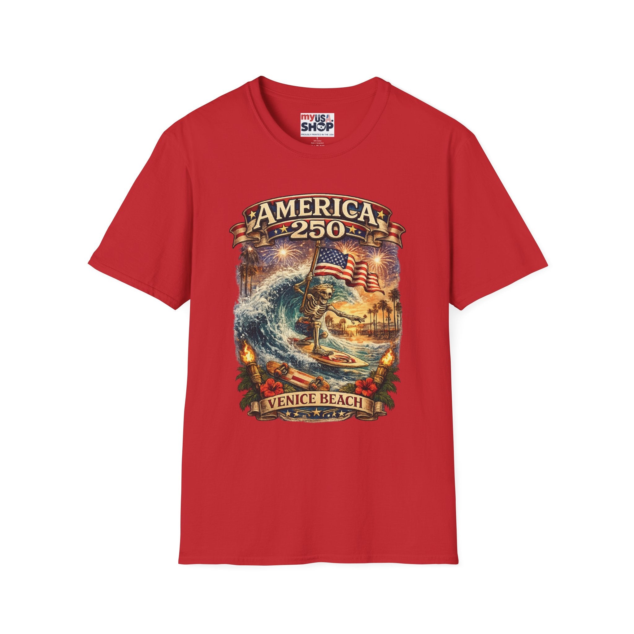 America 250 Venice Beach T-Shirt — Patriotic Vintage Surf & Fireworks Tee