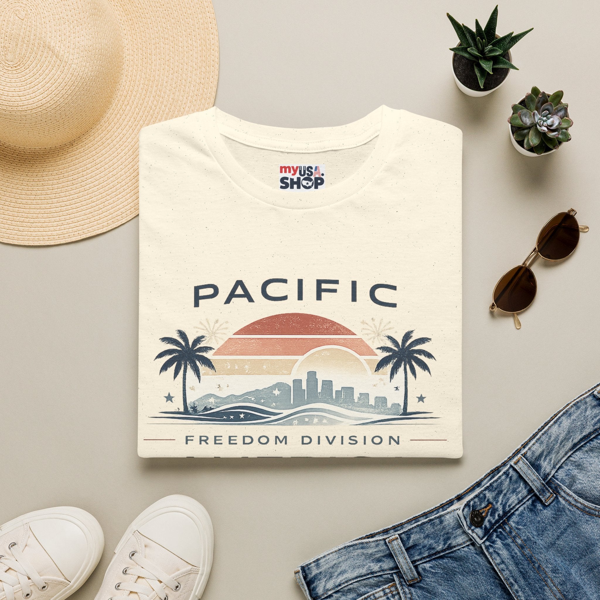 Pacific Freedom Division T-Shirt — Retro Palm Sunset America 250 Graphic Tee