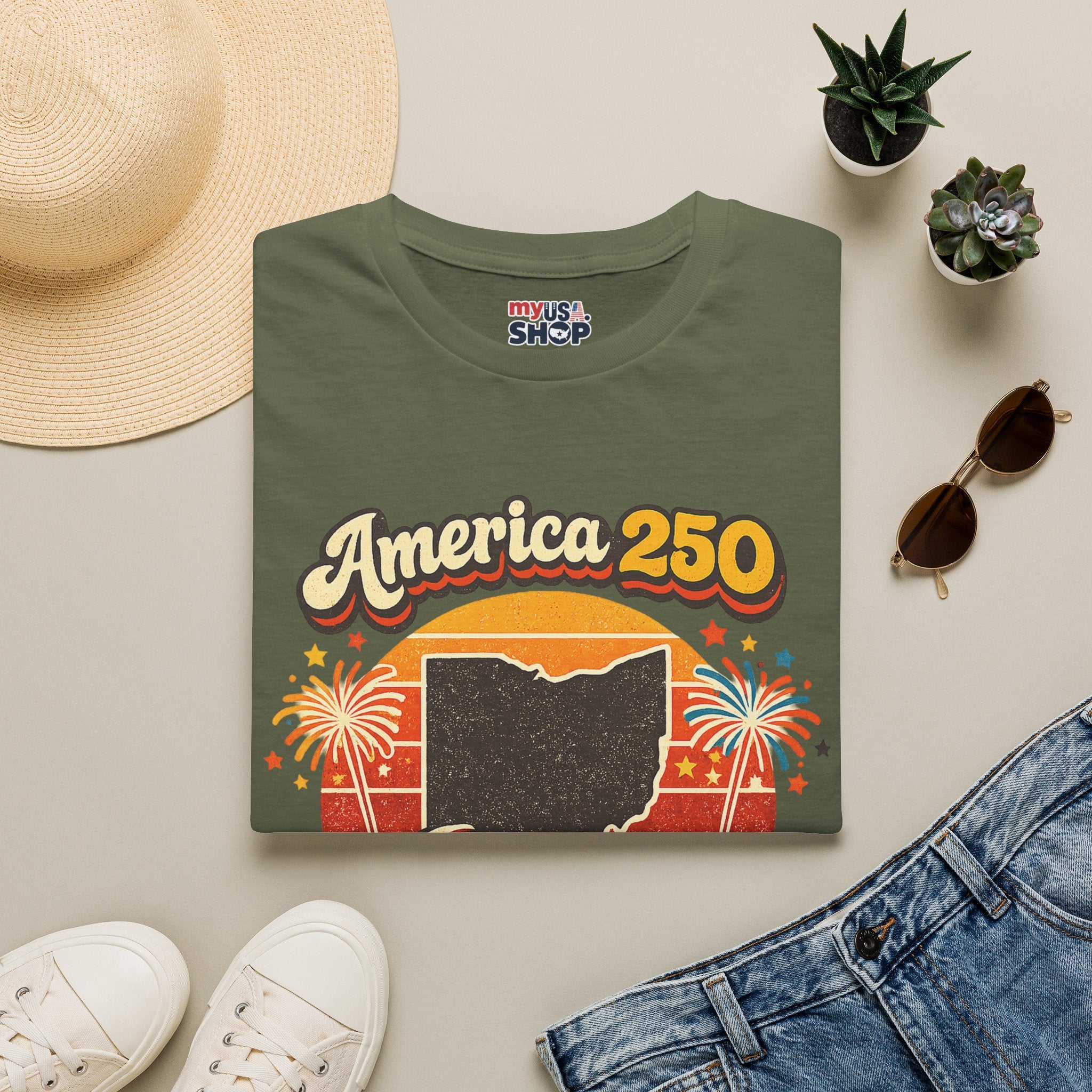 America 250 Ohio T‑Shirt — Retro Fireworks Bicentennial Celebration Tee
