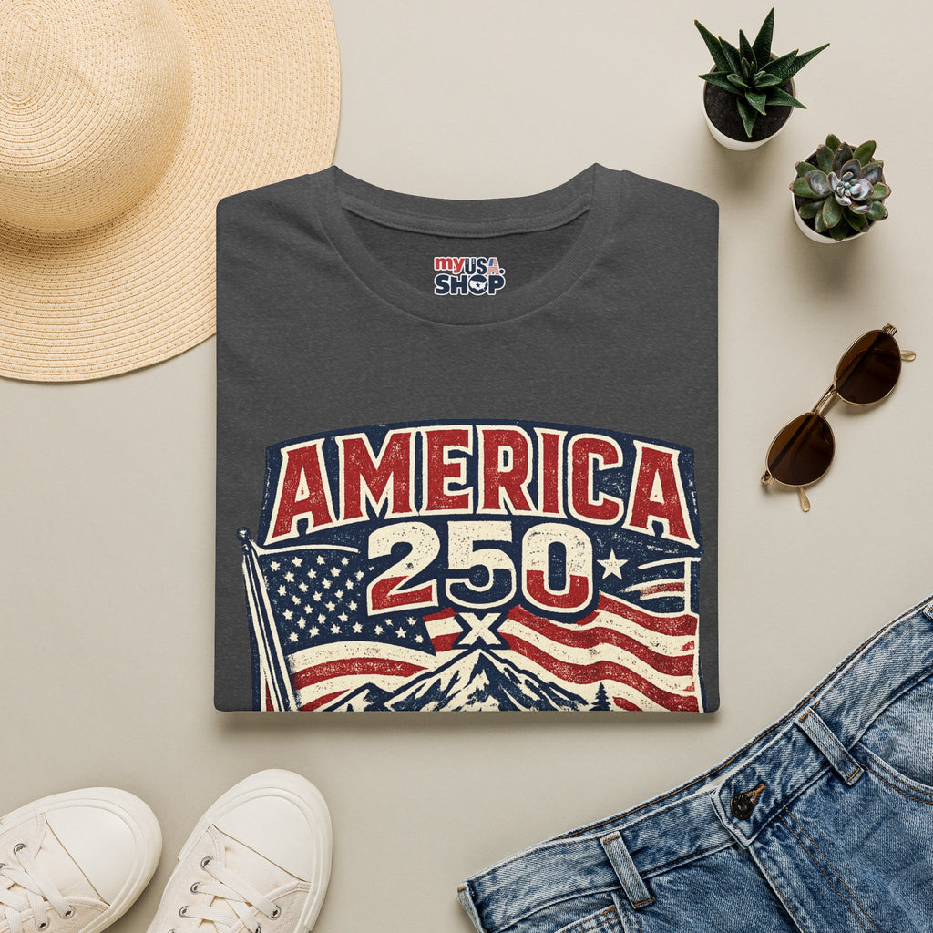 America 250 Oregon Shirt — Patriotic Mountain Flag Badge Tee