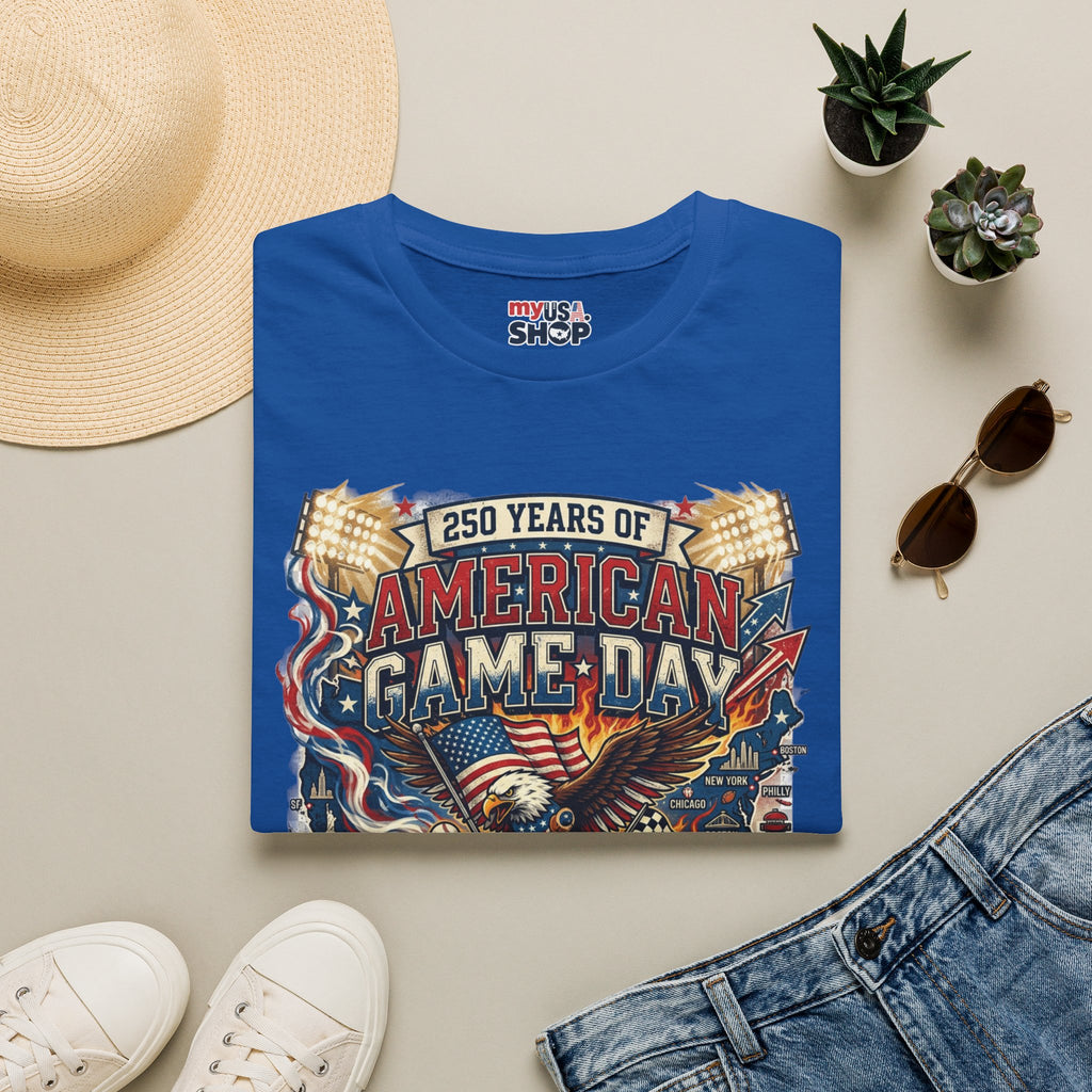 American Game Day T-Shirt — 250 Years USA Football & Baseball Celebration Pop Culture