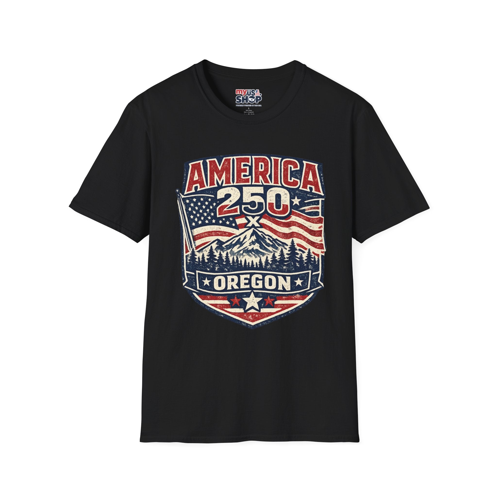 America 250 Oregon Shirt — Patriotic Mountain Flag Badge Tee