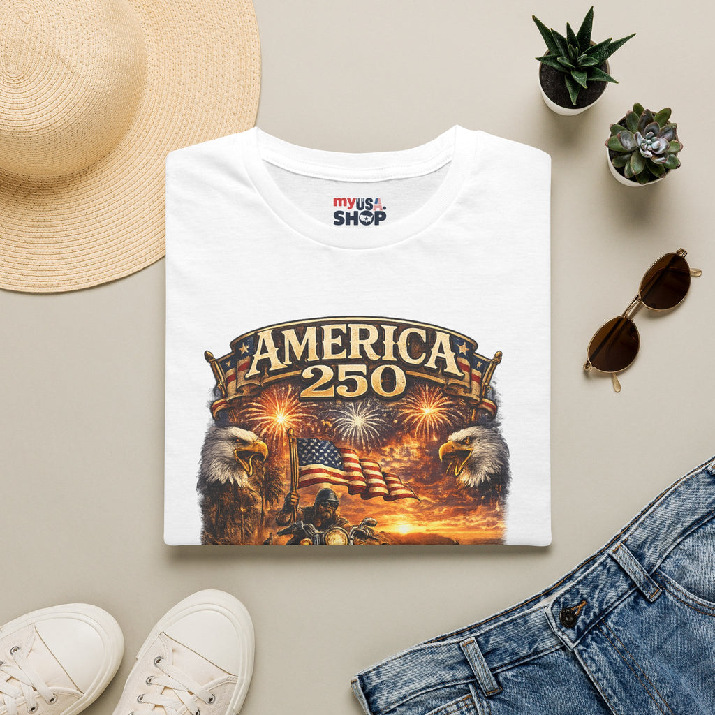 America 250 Celebration T-Shirt — Patriotic Fireworks & Bald Eagle Tee