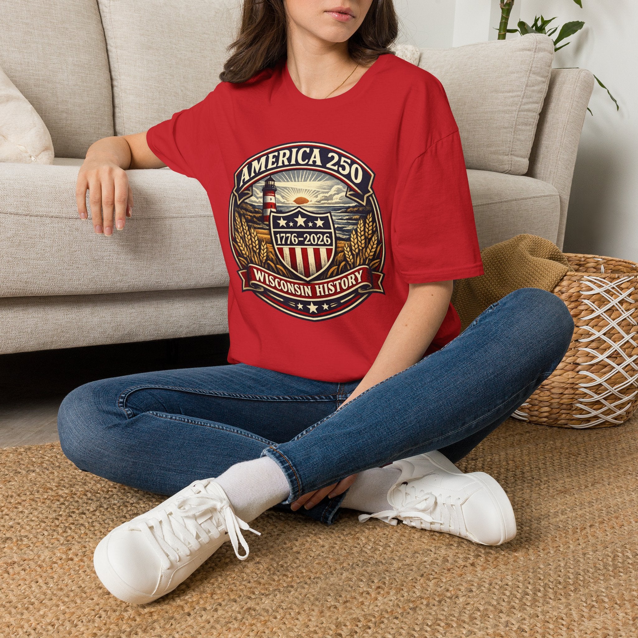 America 250 Commemorative T-Shirt – Wisconsin History Lighthouse Vintage Badge