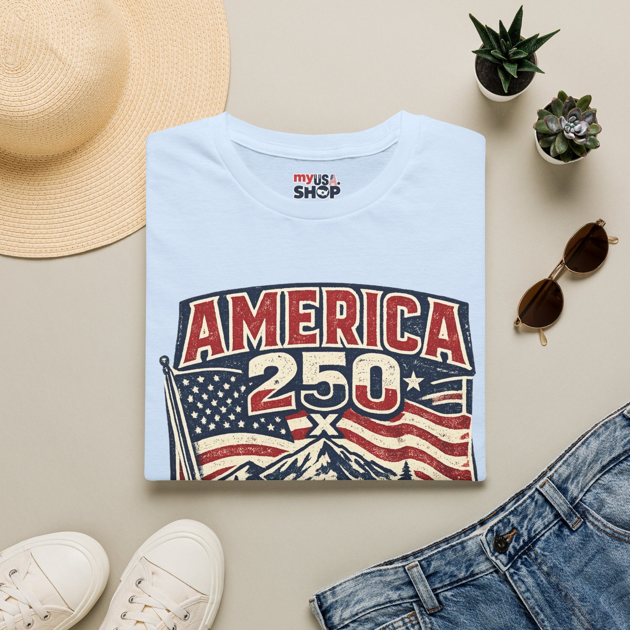 America 250 Oregon Shirt — Patriotic Mountain Flag Badge Tee