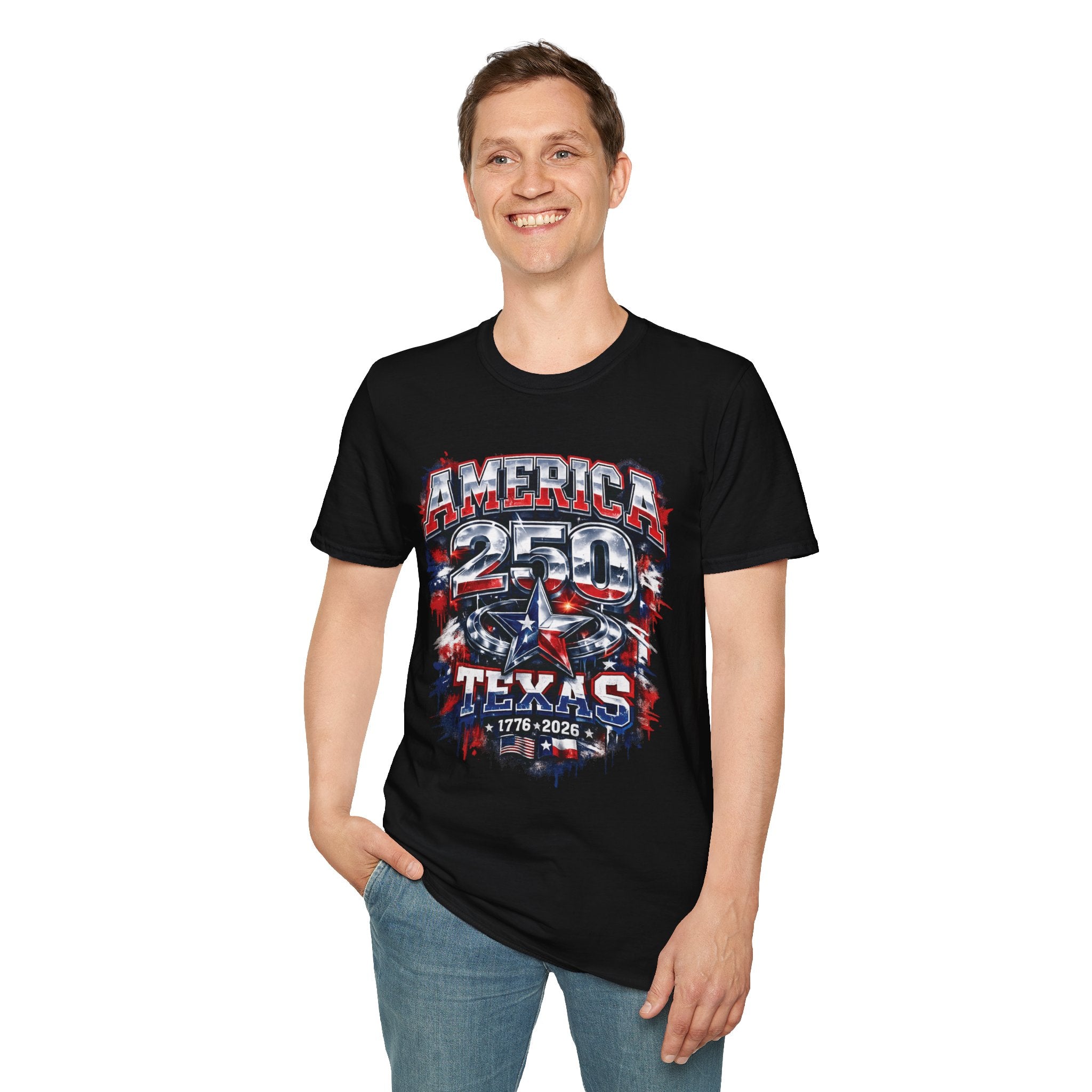 America 250 Texas Shirt — Patriotic Chrome Star Graphic Tee