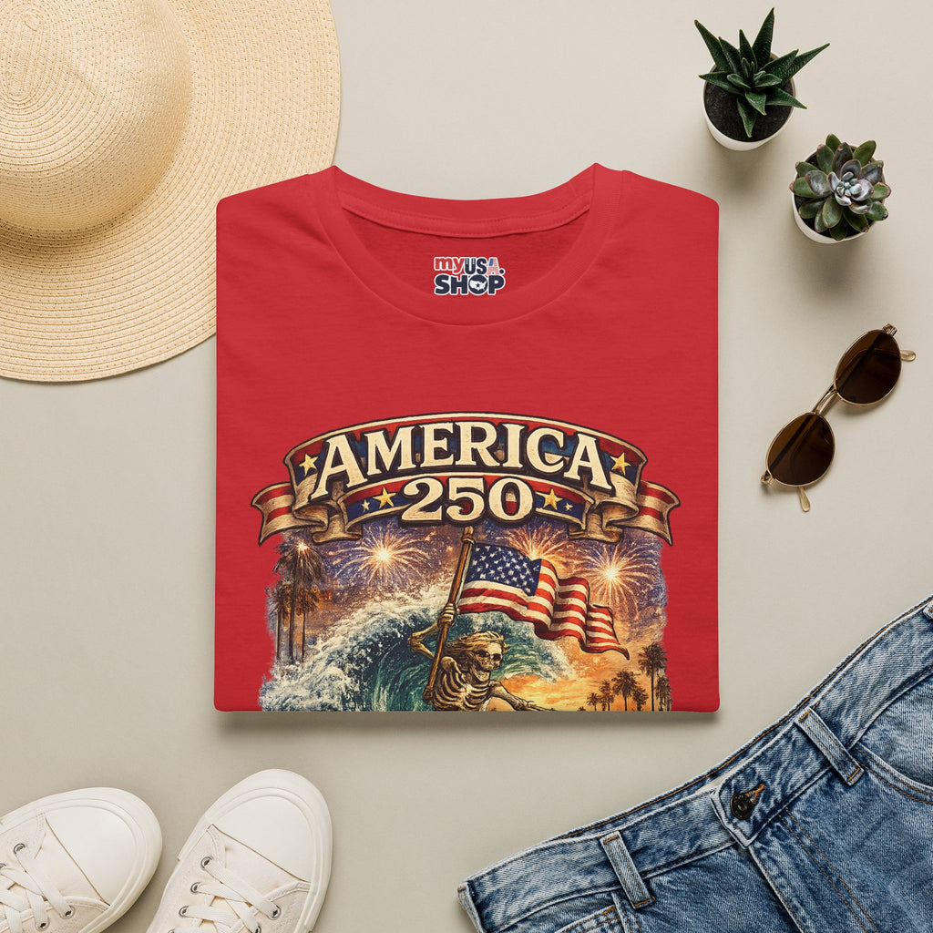 America 250 Venice Beach T-Shirt — Patriotic Vintage Surf & Fireworks Tee