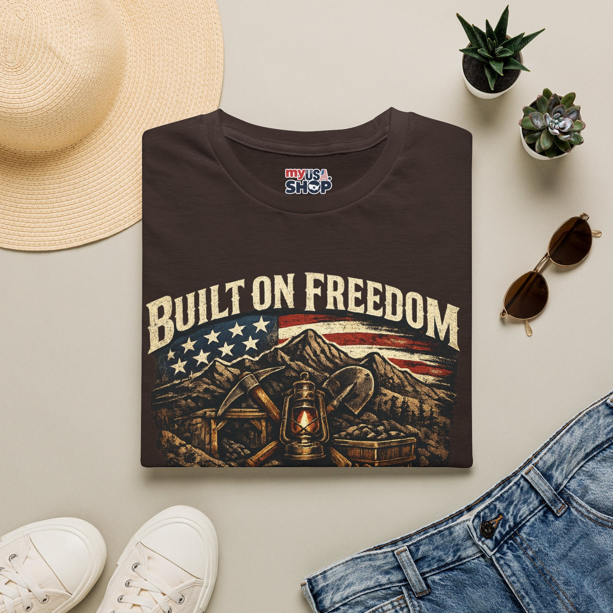 America 250 T-Shirt — Built on Freedom West Virginia Vintage Flag Mountain