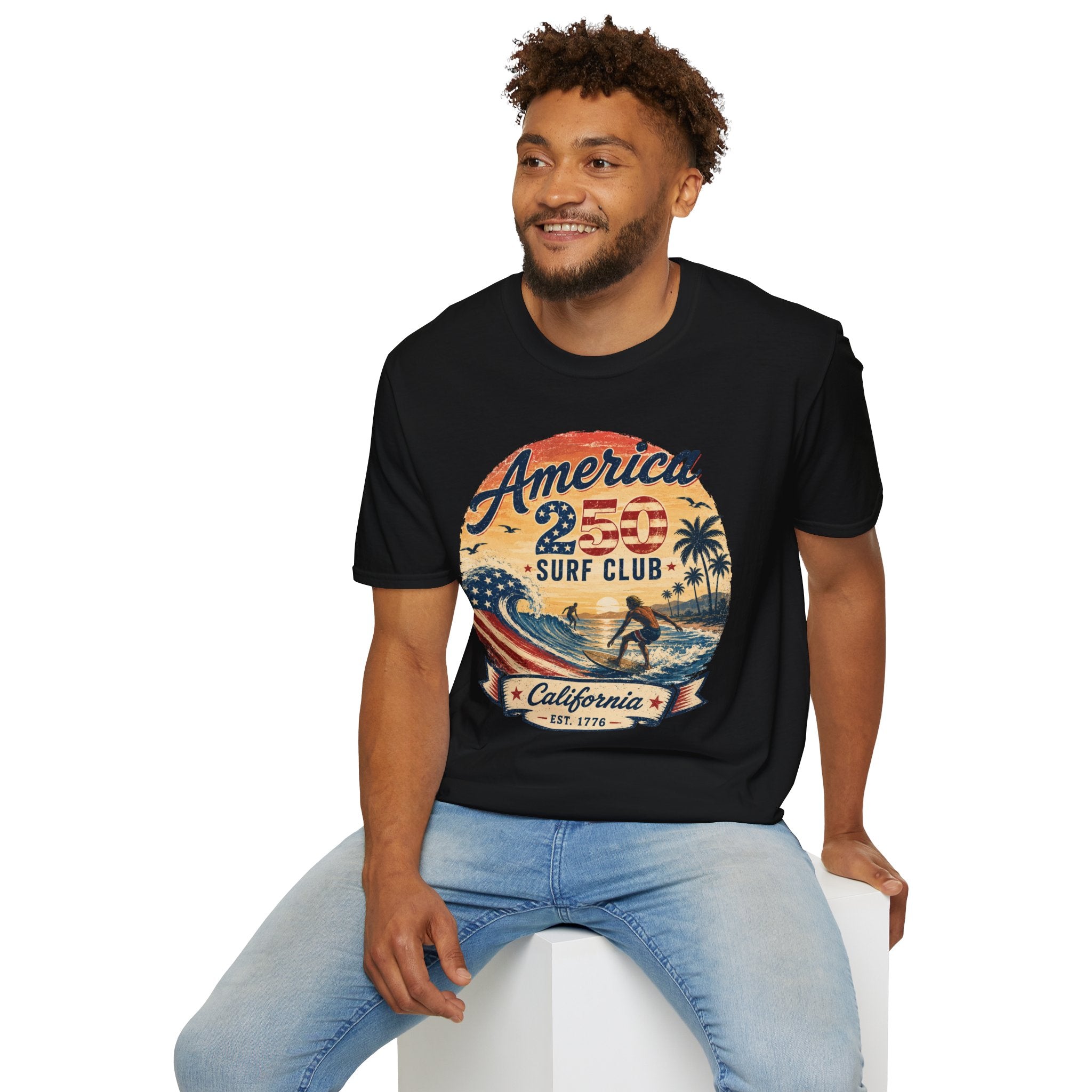 America 250 Surf Club T-Shirt — Patriotic California Surf Vintage Tee