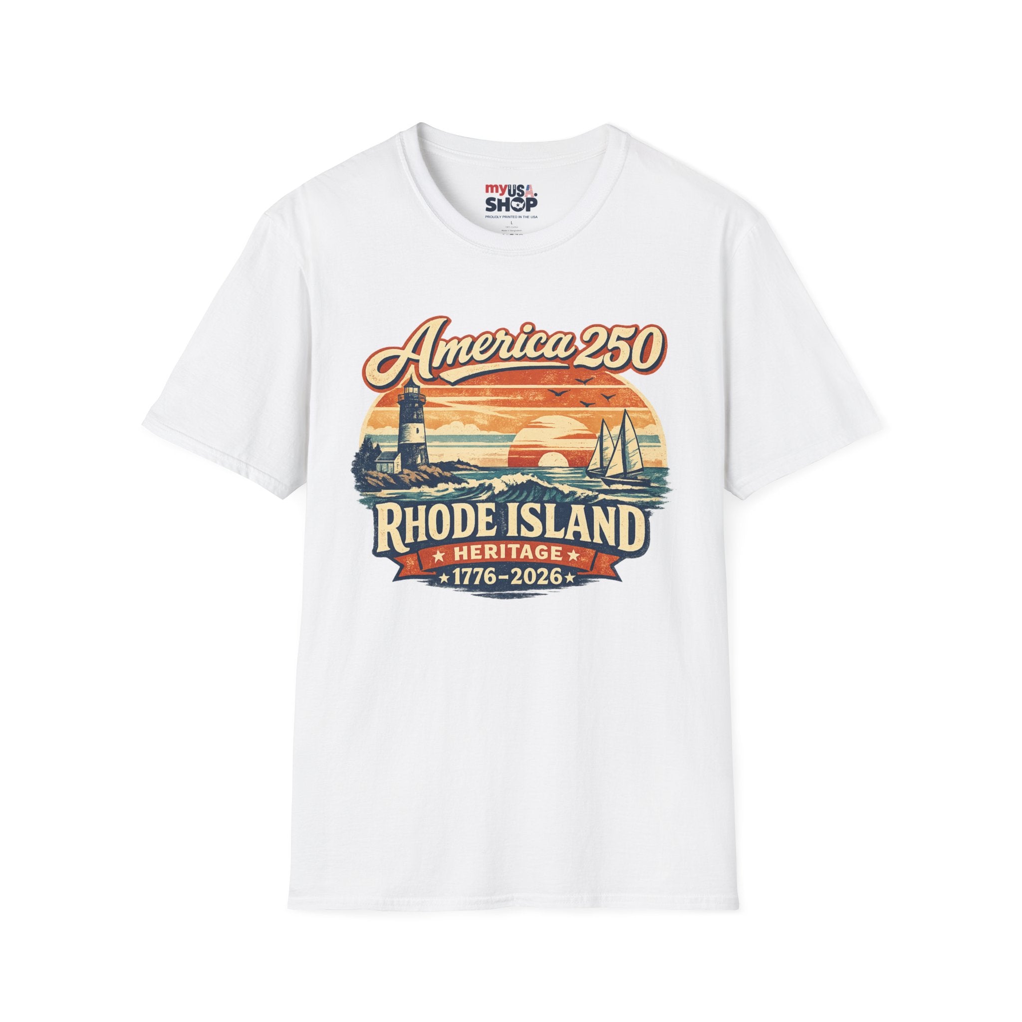America 250 Rhode Island Heritage Shirt — Coastal Lighthouse Sunset Tee