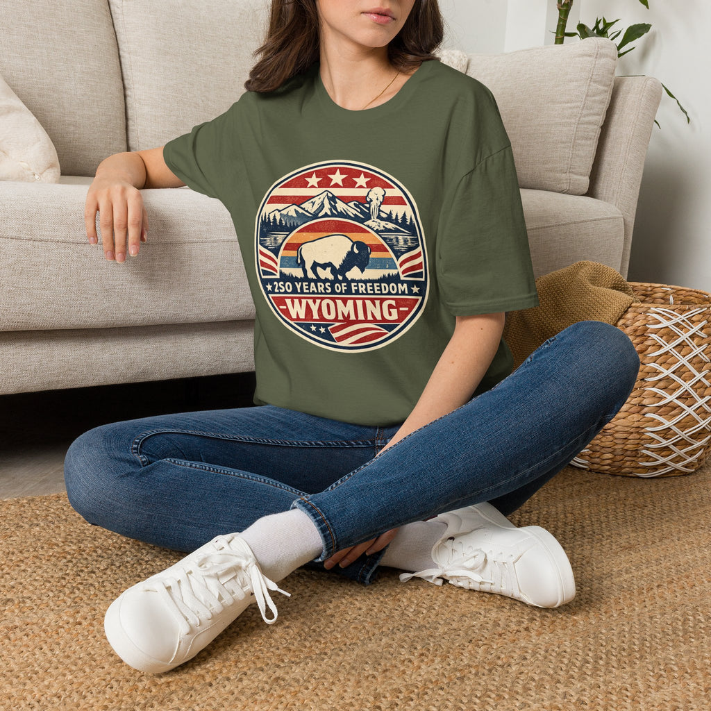 Wyoming Buffalo Tee — America 250 Retro Mountain Graphic T-Shirt