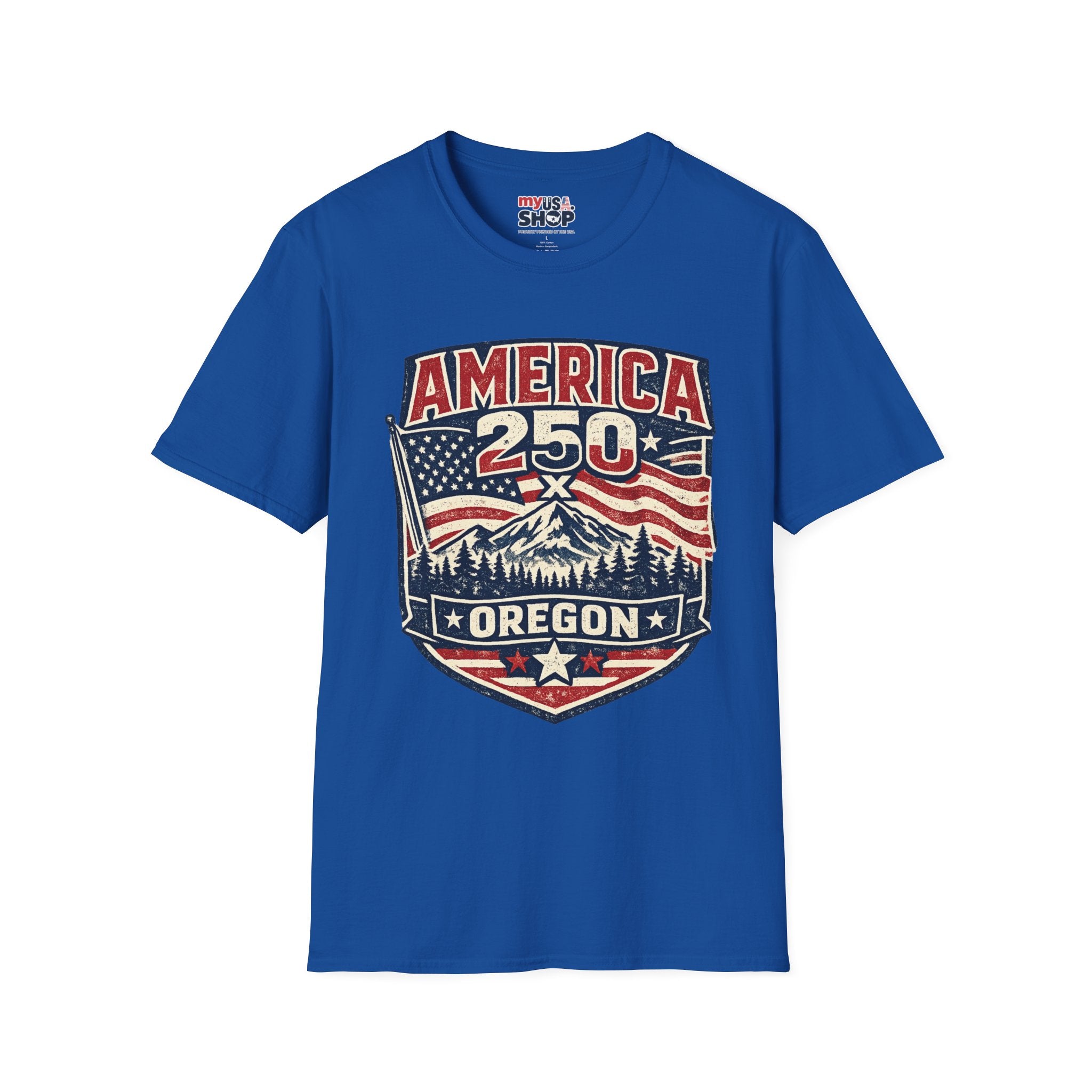 America 250 Oregon Shirt — Patriotic Mountain Flag Badge Tee
