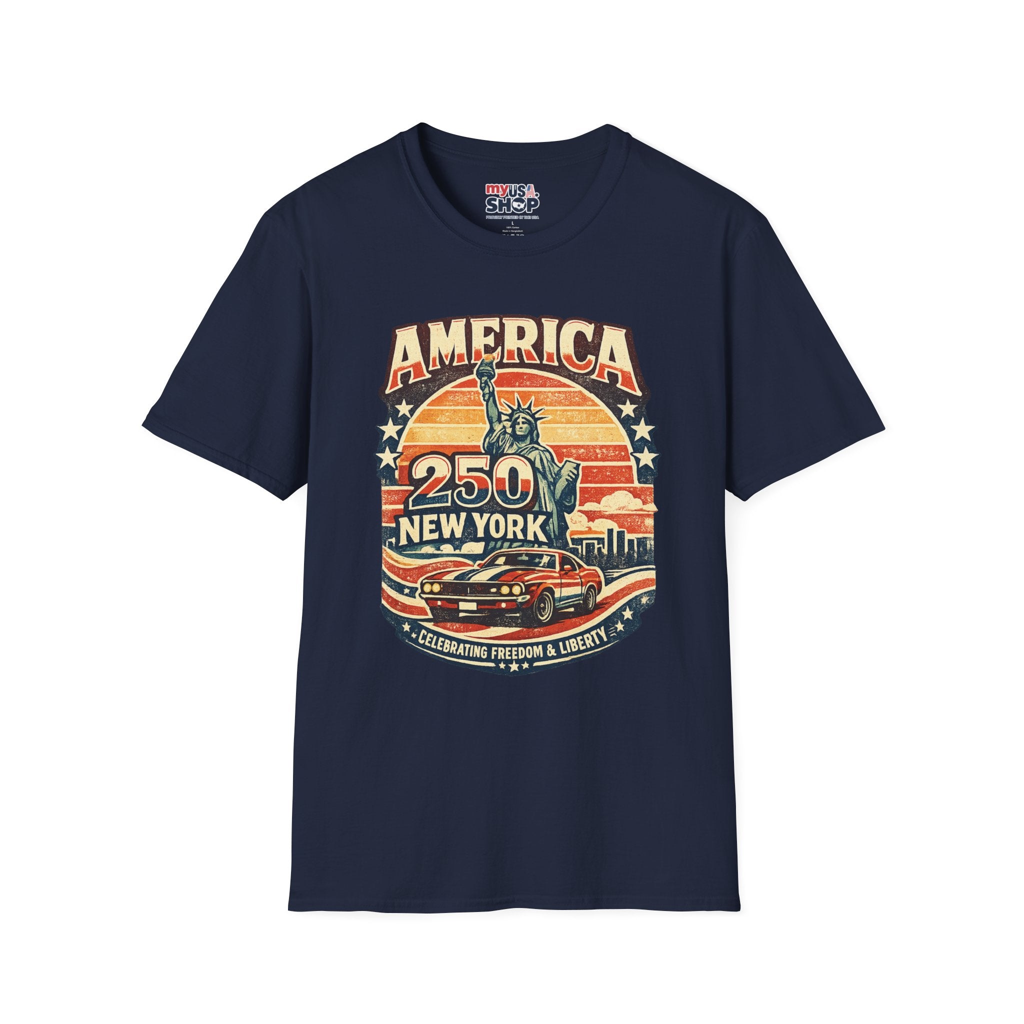 America 250 New York T-Shirt — Retro Statue of Liberty Graphic