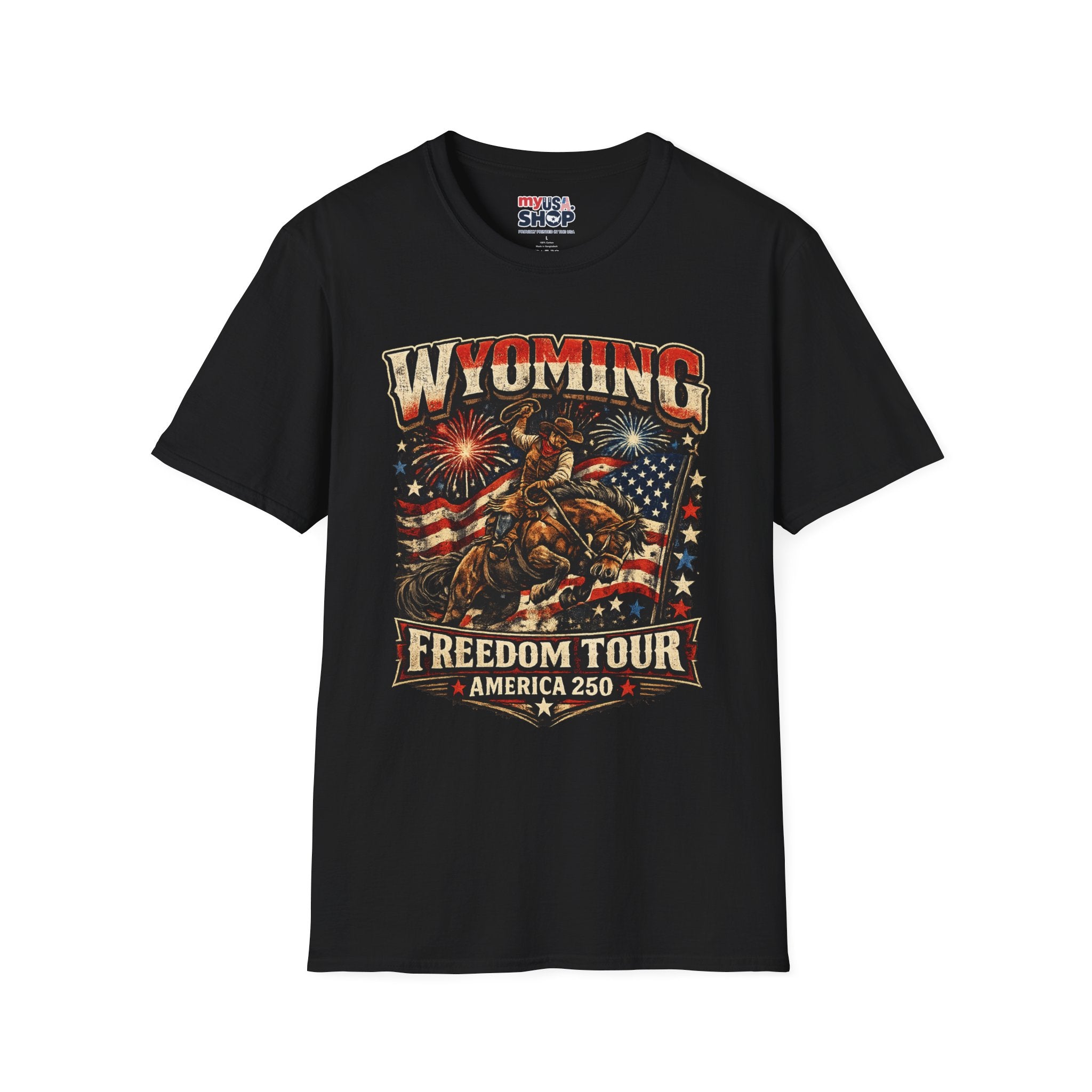 America 250 Freedom Tour T-Shirt — Wyoming Patriotic Rodeo USA Graphic Tee