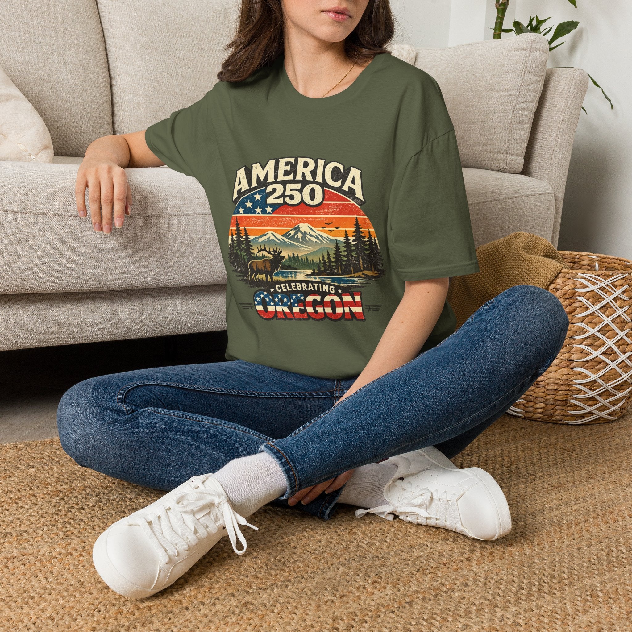 America 250 Oregon Shirt — Retro Wildlife Sunset Graphic Tee
