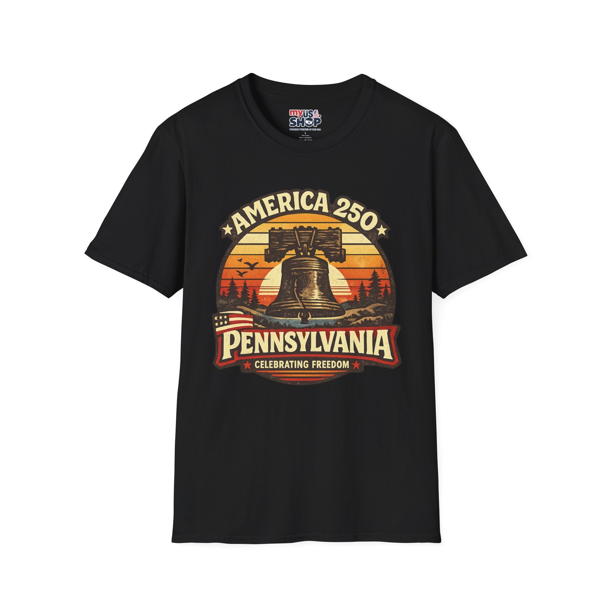 Pennsylvania America 250 Shirt — Retro Sunset Liberty Bell Graphic Tee
