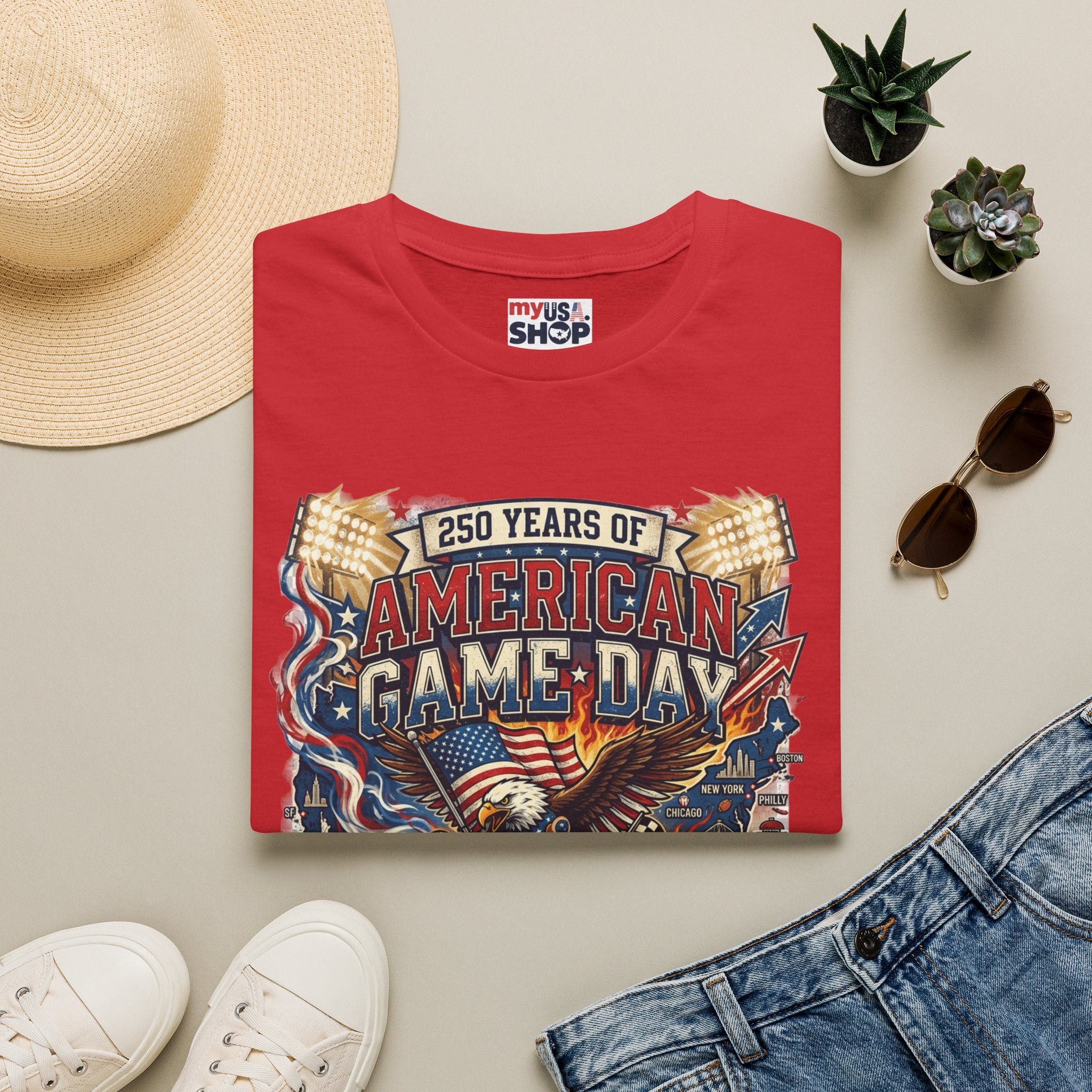 American Game Day T-Shirt — 250 Years USA Football & Baseball Celebration Pop Culture