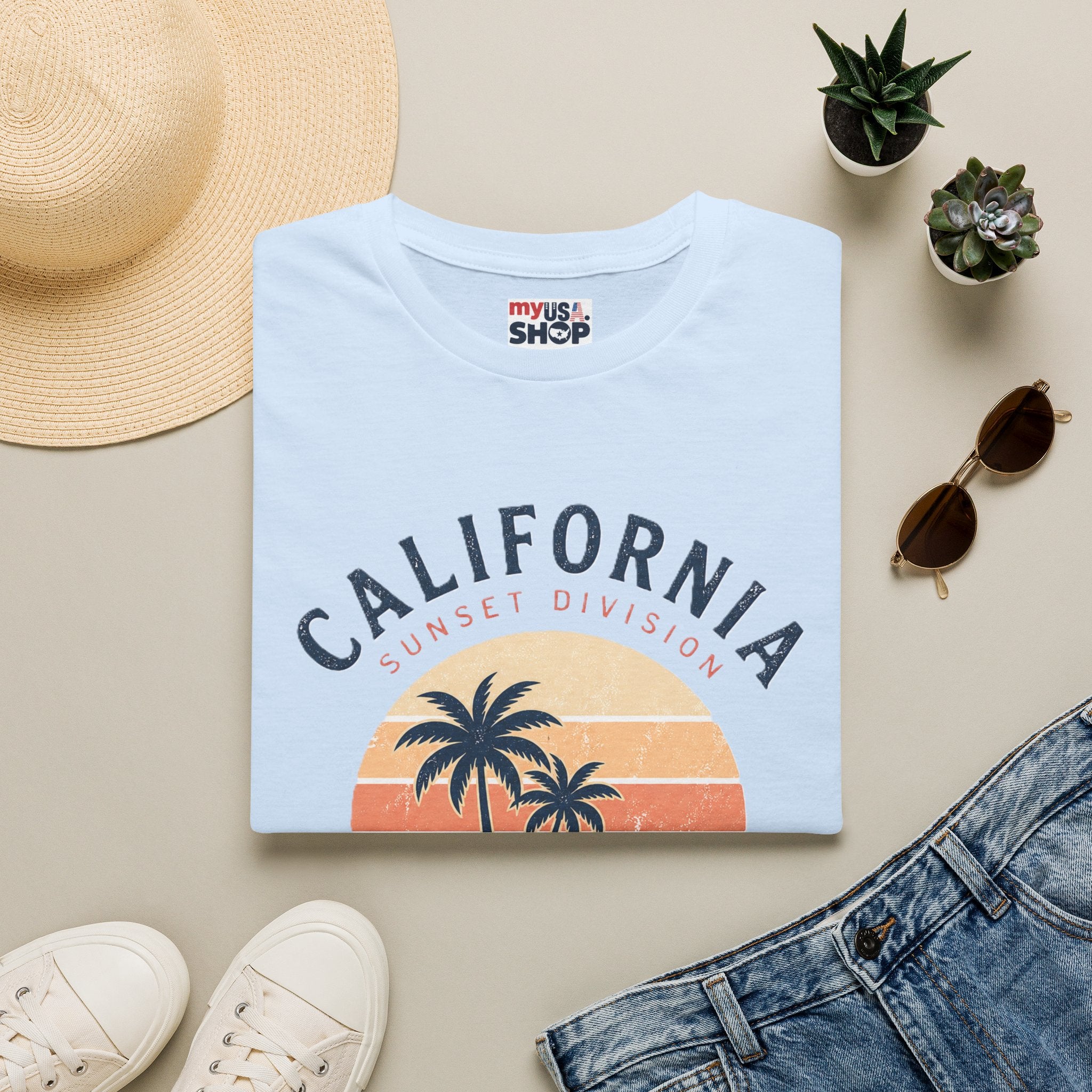 America 250 California Sunset T-Shirt — Palm Tree Retro Beach Tee