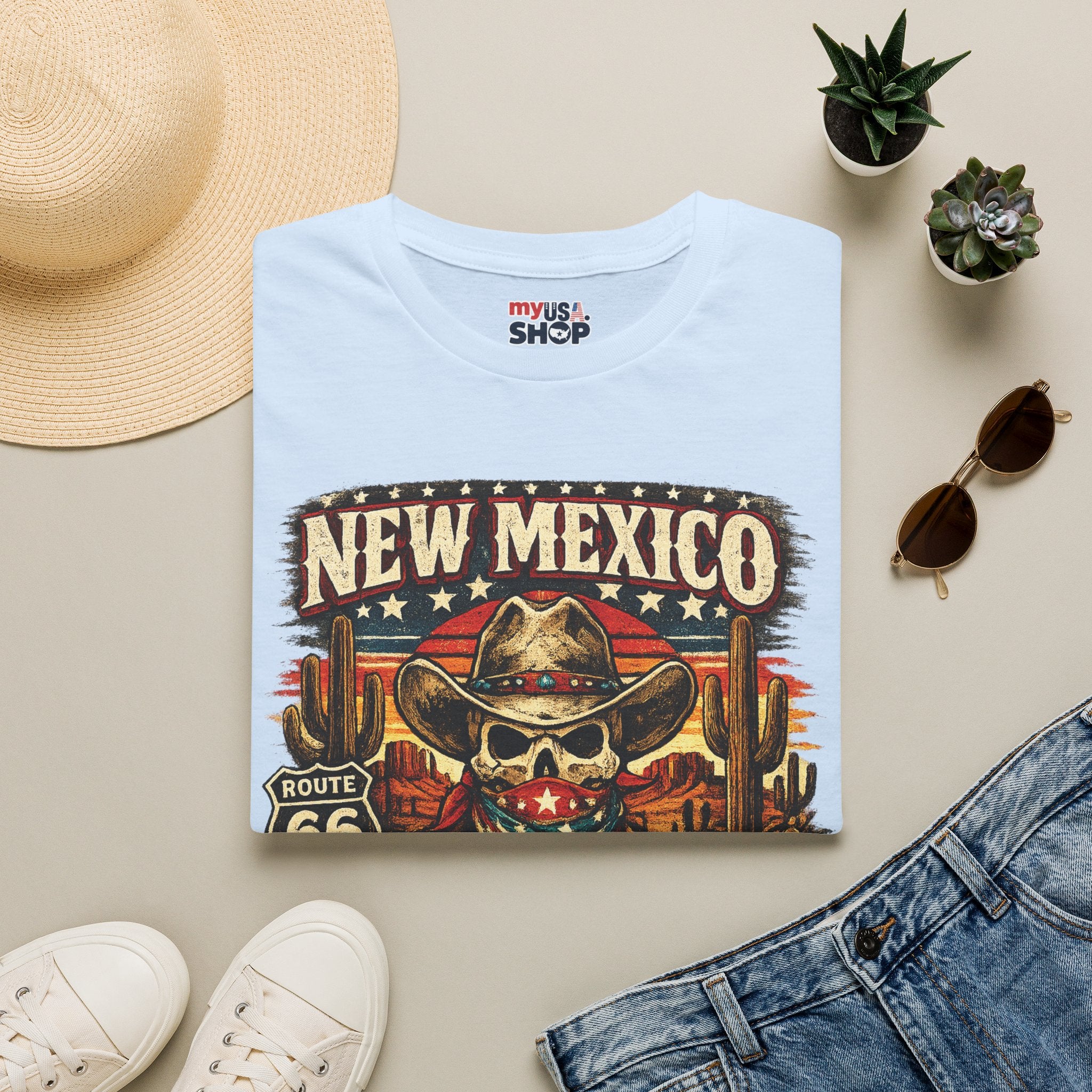 America 250 New Mexico Skull Cowboy T-Shirt — Route 66 Americana Desert Tee