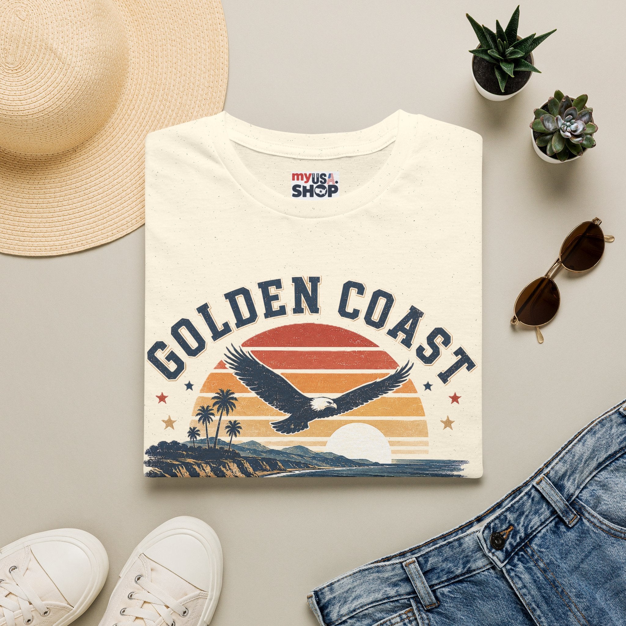Golden Coast T-Shirt — Retro Sunset Eagle America 250 Beach Tee