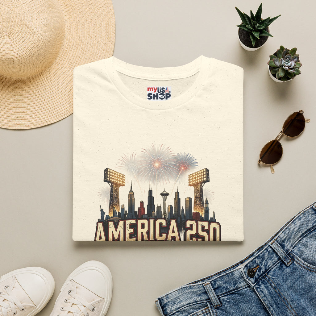 America 250 Celebration T‑Shirt — Hometown Legends Fireworks Skyline Pop Culture